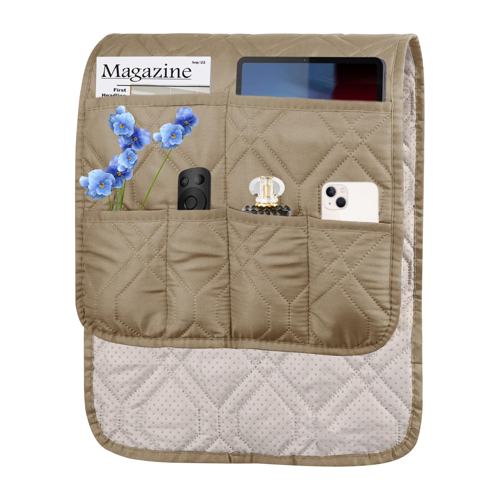Niuoppy Khaki Sofa Armrest Organiser, Armchair Organiser Holder Arm Covers For Sofa, Armchair Caddy Couch Arm Rest Storage With Pockets For Remote Control, Phone, Ipad (Khaki)