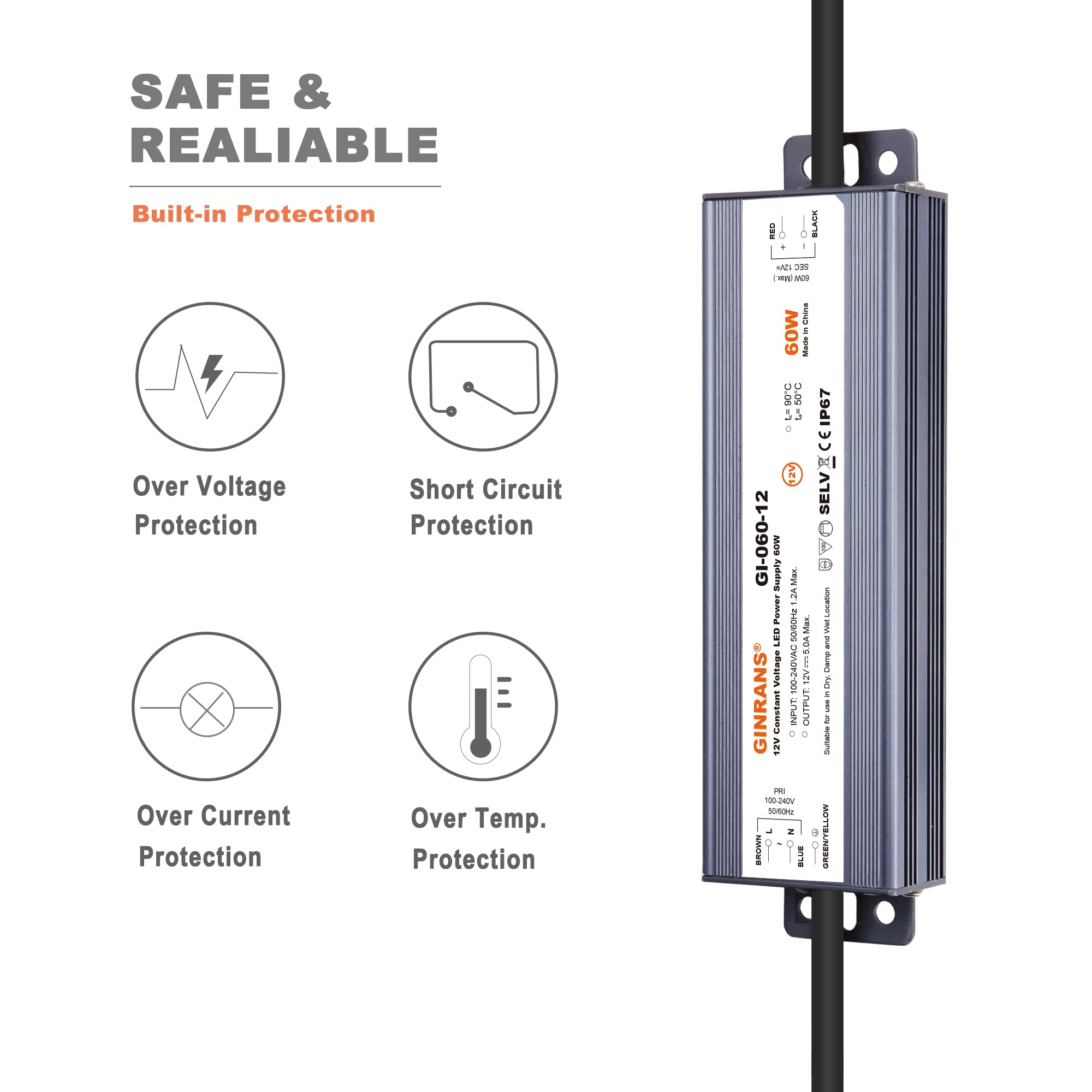 60W IP67 wasserdichter Konstantspannungs-LED-Treiber-Stromversorgungs-Transformator, 100-240V AC Universaleingang mit Stecker, Ausgang 12V DC 5A Max. für Außen-LED-Beleuchtung