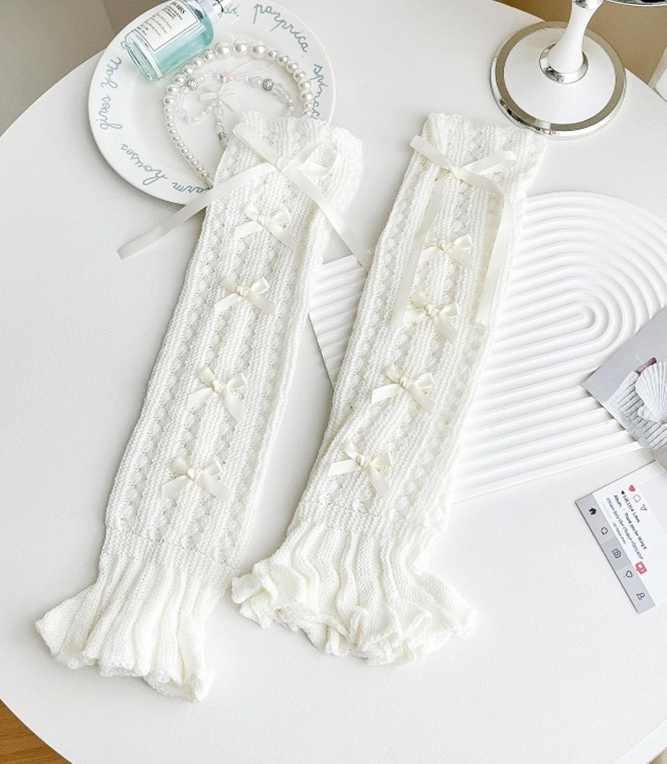 SherryDC Girl's Cute Knit Leg Warmers Kawaii Bowknot Ruffled Trim Knee High Leg Sleeve Socks Women