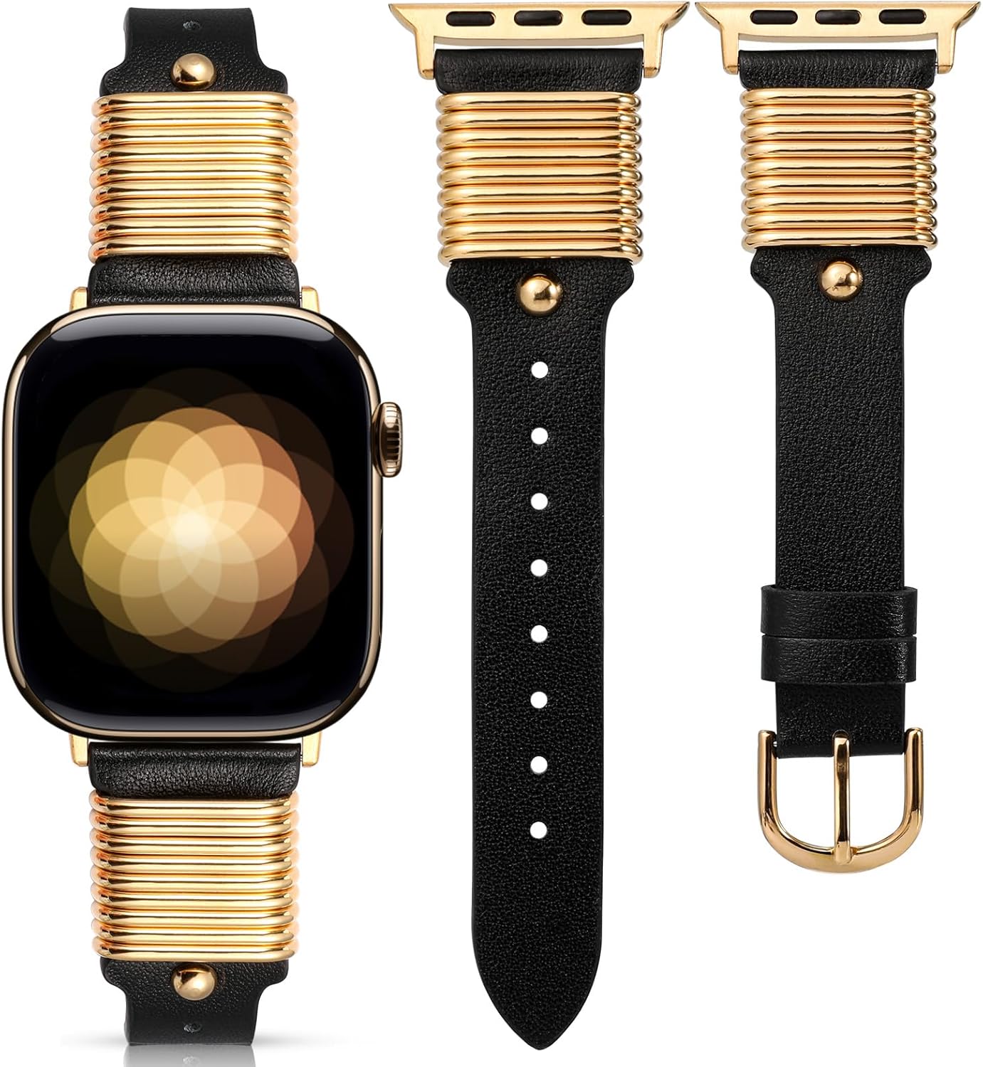 Wearlizer Leather Band Compatible with Apple Watch Bands Women 38/40/41/42/44/45/46/49mm, Slim Dressy Fancy Designer Leather Strap with Metal Ring Loops for iWatch Series 10 9 Ultra SE 8 7 6 5 4 3 2 1