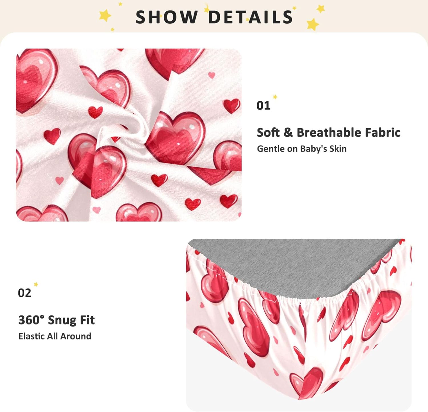 Red Hearts Cartoon Crib Sheets Soft Breathable Fitted Cotton Baby Crib Sheets Mattress Cover for Girl Boy, 52" x 28" x 9"