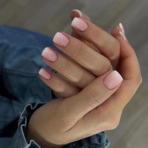 ASONRL Uñas postizas a presión, 24 piezas de uñas postizas cortas cuadradas de color rosa brillante blanco degradado, kit de uñas con pegamento de