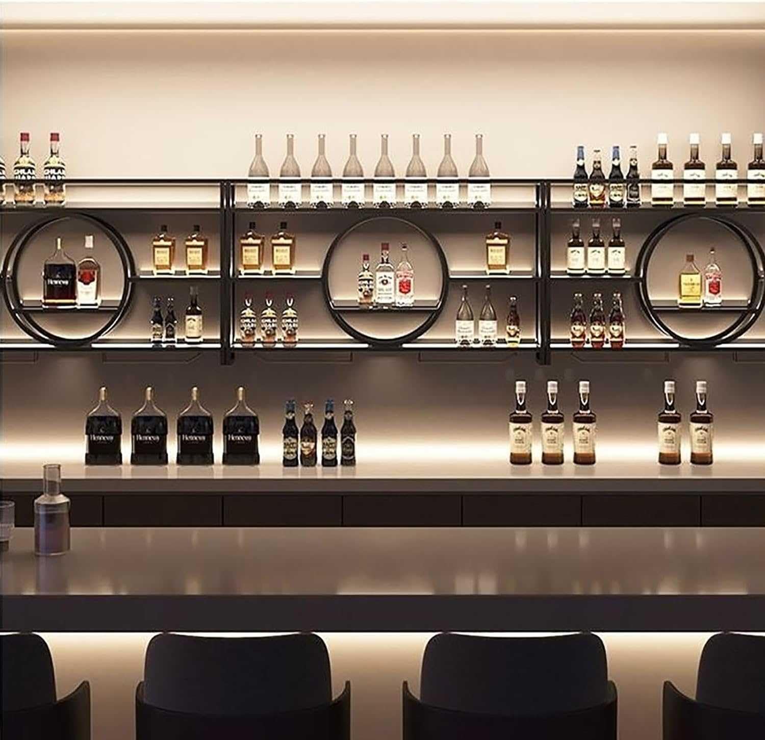 Generico Espositore per Vino Moderno da Parete in Metallo Scaffali per Vino Rotondi industriali sospesi alla Moda per ristoranti e Bar Domestici Scaffale in Vetro in Ferro Nero Scaffali galleggianti
