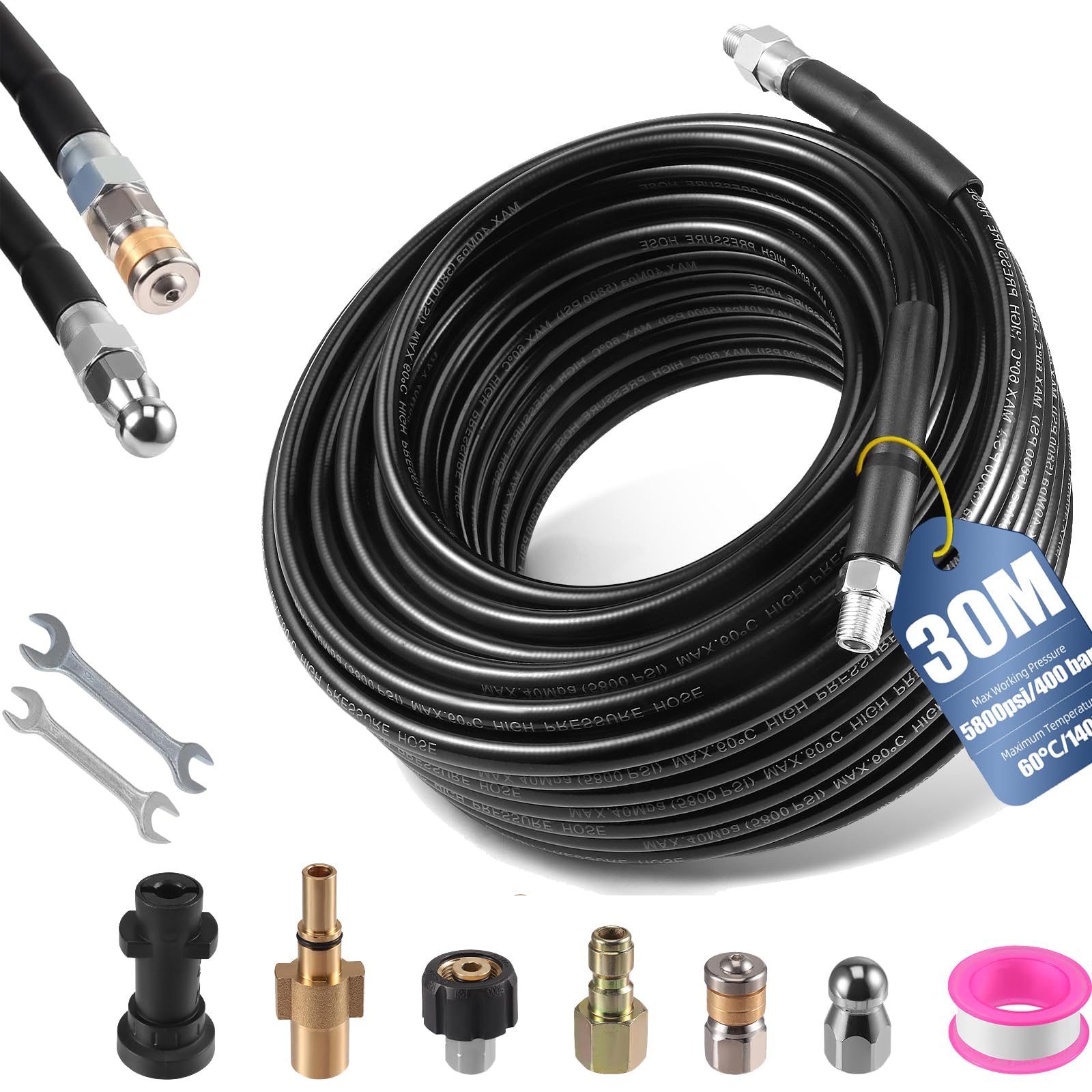 Sonda Sturatubi Spurgatubi per Idropulitrice Alta Pressione, Stura Tubi di Scarico 30M Sistema Antipiega Connettore Interno in Rame Rivestimento in PVC Resistenza Massima 400 Bar con 6 Adattatori