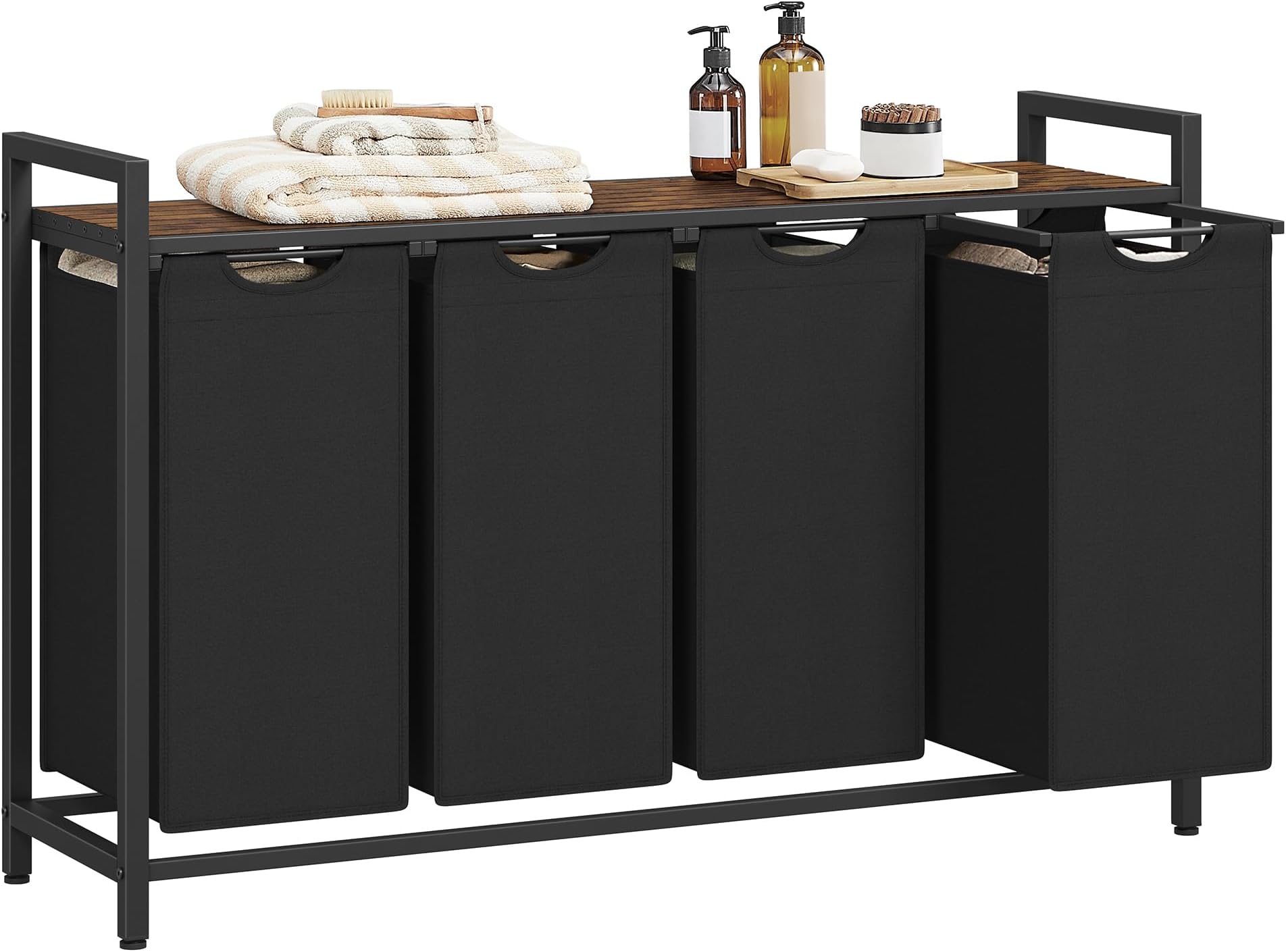 VASAGLE Laundry Hamper, Laundry Basket, Laundry Sorter with 4 Pull-Out and Removable Bags, Shelf, Metal Frame, 4 x 10.6 Gallons (40 L), 45.7 x 13 x 28.4 Inches, Ink Black and Rustic Brown UBLH401B01