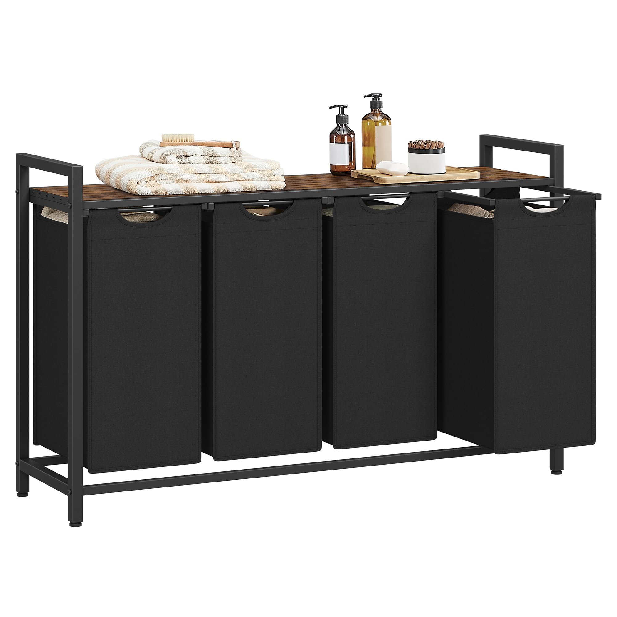 VASAGLE Laundry Basket, 4-Compartment Laundry Hamper, Pull-Out and Removable Liner Bags, Clothes Sorter, Shelf, Metal Frame, 4 x 40 L, 116 x 33 x 72 cm, Ink Black and Rustic Brown BLH401B01