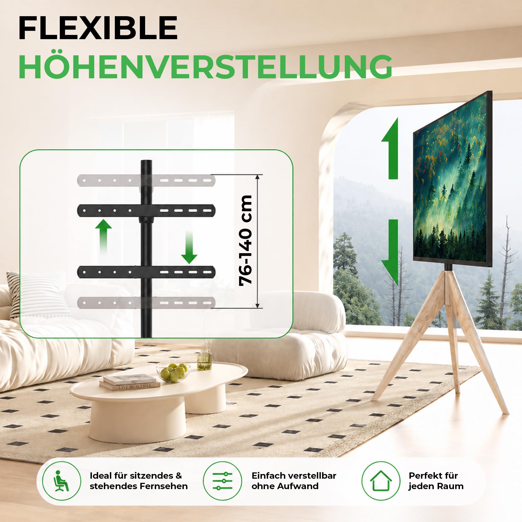 Argo Tripod TV Ständer, Höhe bis 140 cm, Drehbar 360 Grad, für TV ca. 26-65 Zoll, bis 40 kg, max. VESA 400x400mm, TV-Standfuss gealterte Eiche