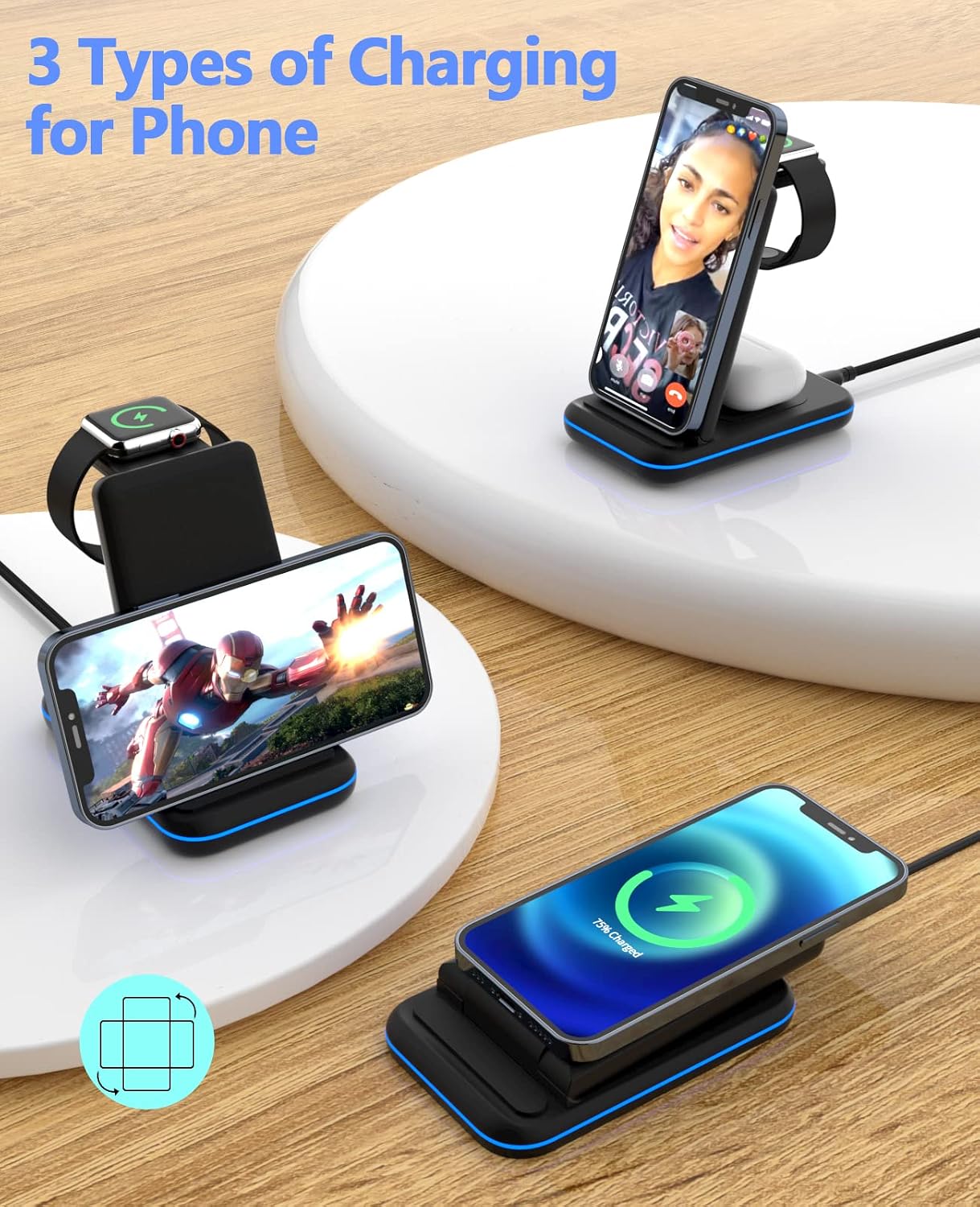 Wireless Charging Station, KOOPAO 3 in 1 Fast Wireless Charger Stand Dock Compatible with iPhone 14/13/12/11/Pro/Max/XR/XS/X, Fit for iWatch Series 7/6/5/SE/4/3/2, Airpods Pro/2/3 (with Adapter)