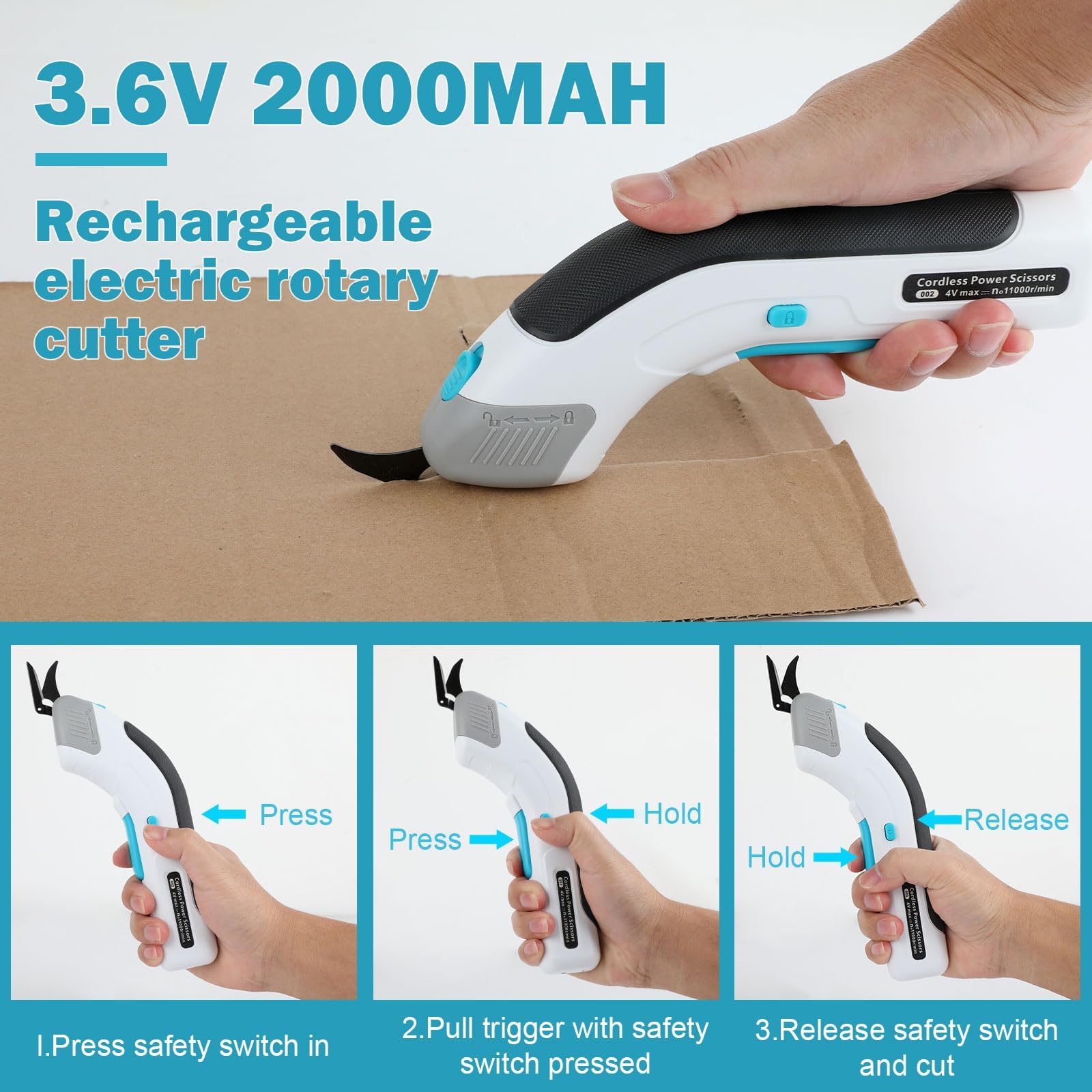 VOBOR Ciseaux Electrique Tissu Couture, Sans Fil USB Rechargeable, Têtes de Coupe en Acier Tungstène, 2000 Mah Lithium Batterie, Cutter pour Papier Carton Moquette Cuir Feutre