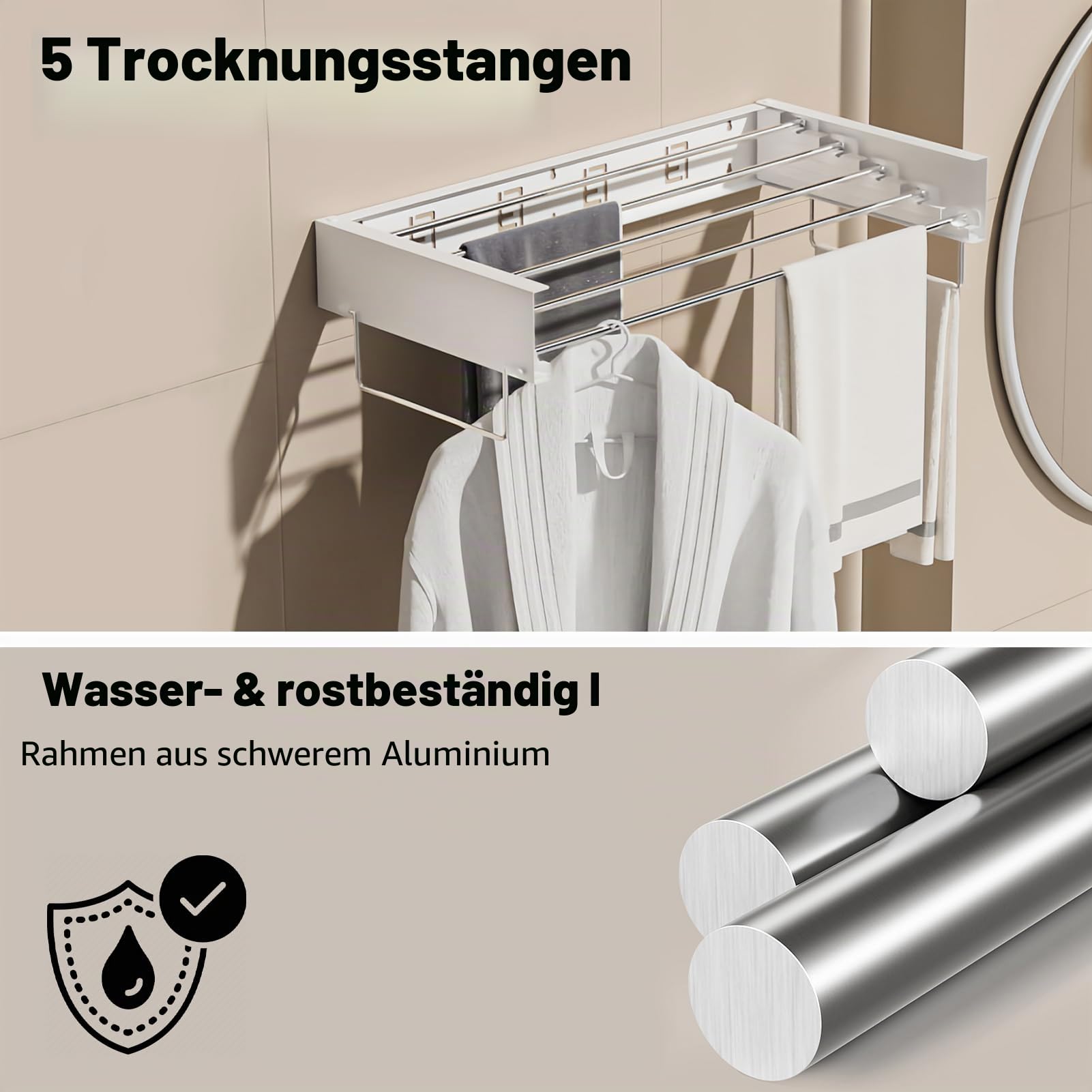 Wäscheständer Wandmontage Ausziehbar, Wäschetrockner Wand Ausziehbar, 80cm, 50kg Tragkraft, Wäscheständer Wand, Bohrer für die Organisation im Innen- und Außenbereich