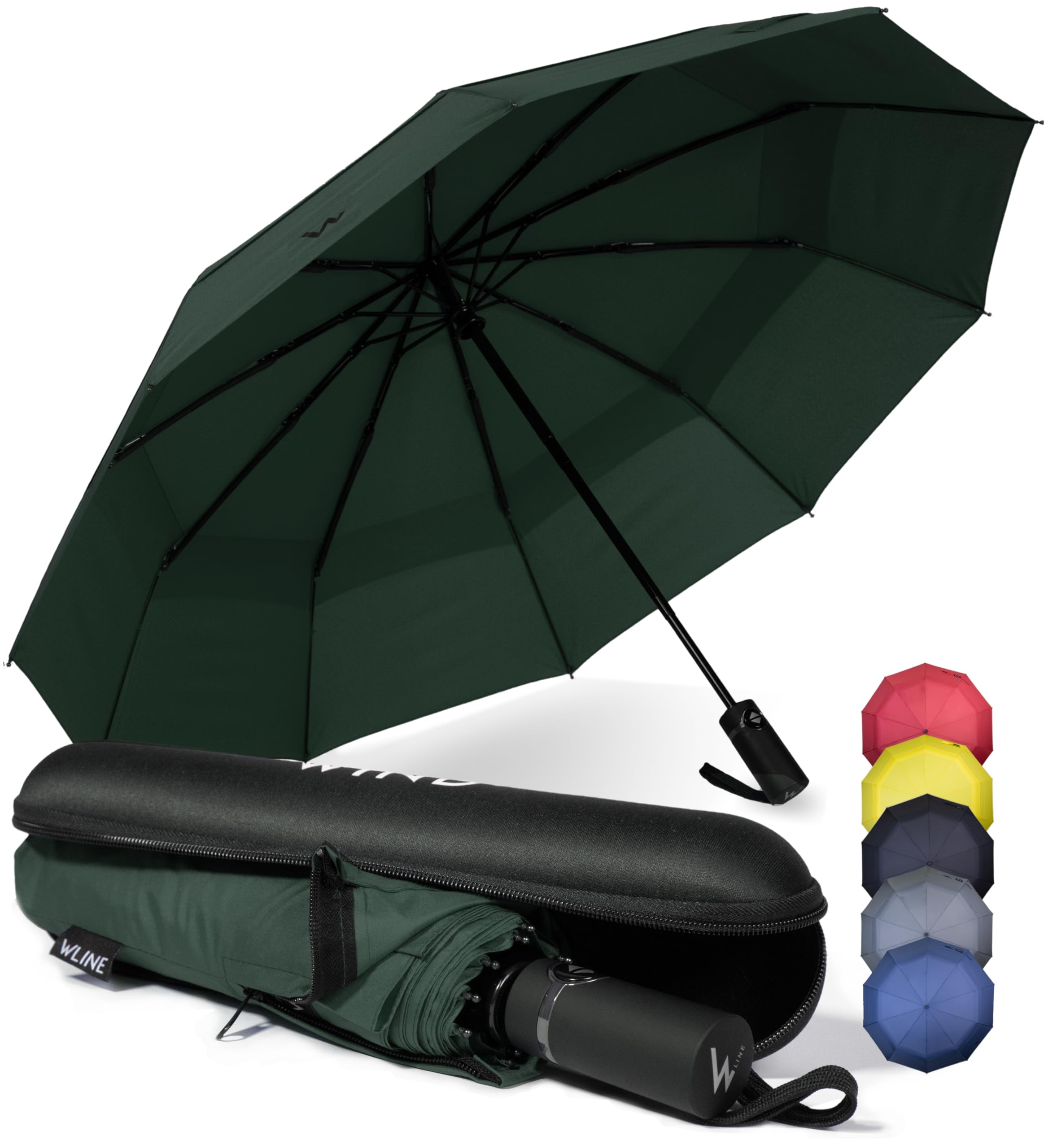 WLine Wind Ombrello Pieghevole Antivento da Pioggia con Apertura e Chiusura Automatica, Stoffa Teflon, Struttura Ultraresistente, Diametro 104cm (Verde con Custodia)