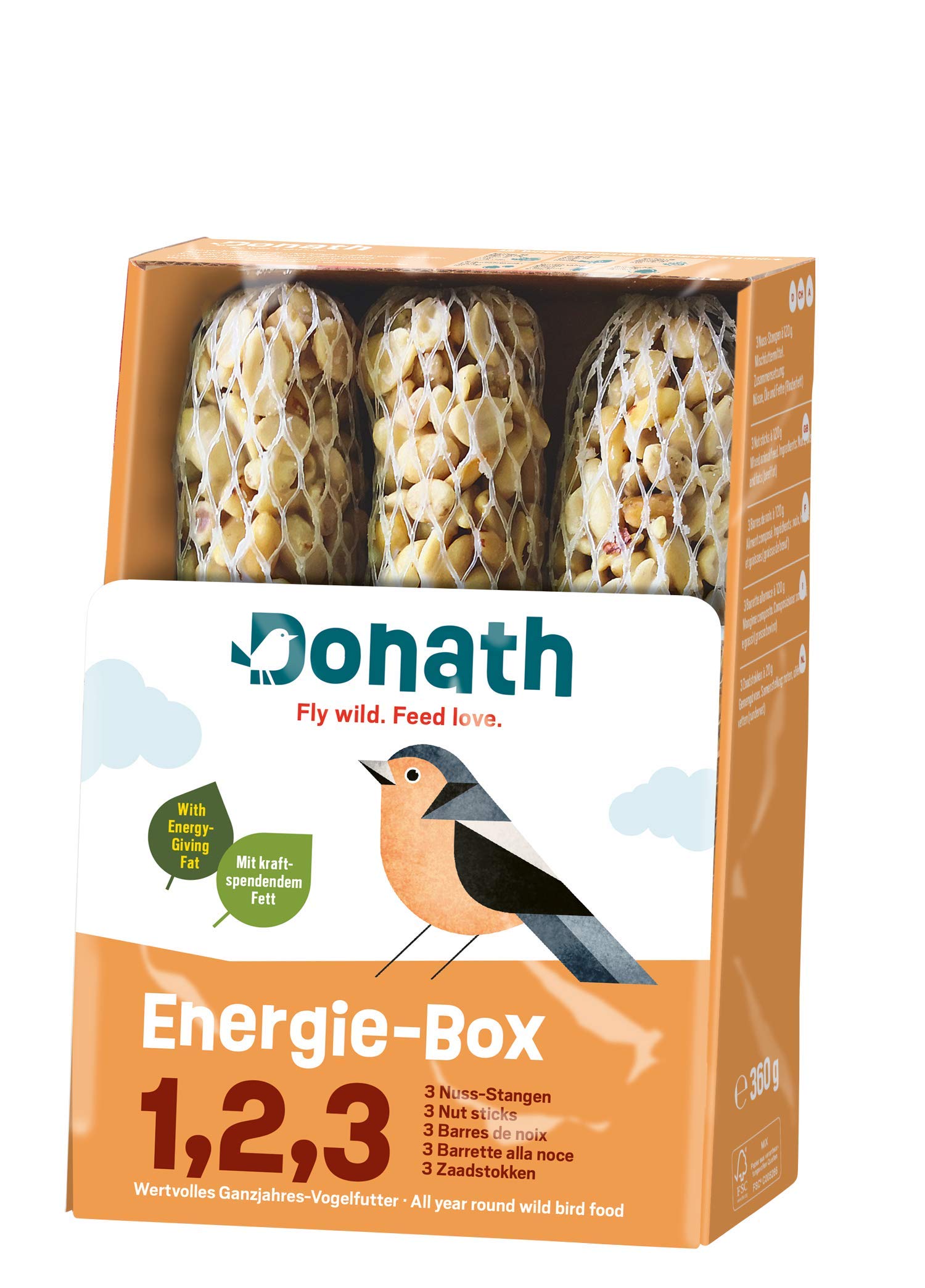 Donath Energie-Box 1,2,3-3 Nusstangen (3 x 120g) - traditionell in feinstes Rinderfett getaucht - Ganzjahres Wildvogelfutter mit kraftspendendem Fett - aus unserer Manufaktur in Süddeutschland