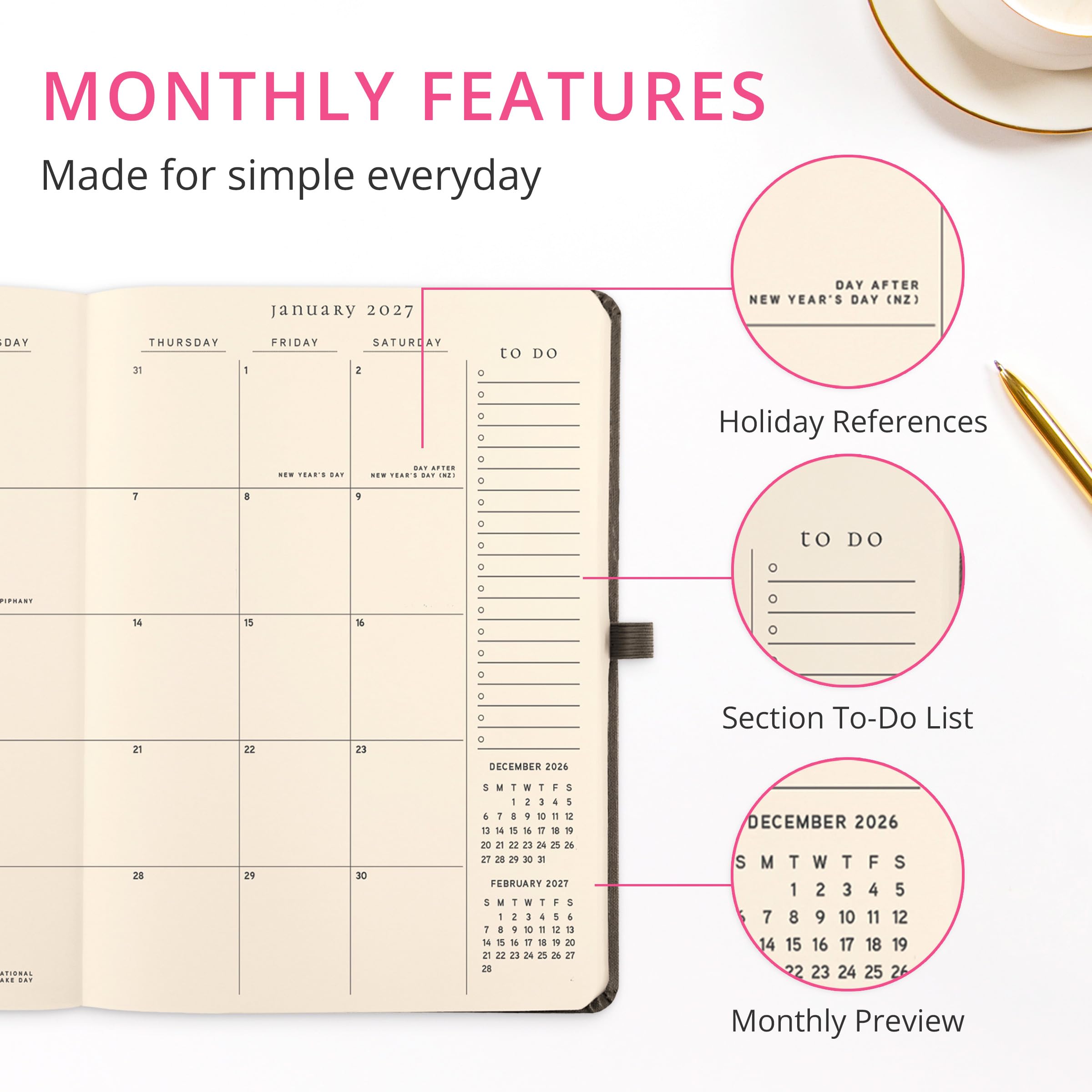 Graphique Agenda 18 mesi Sage | luglio 2026 – dicembre 2027 | planner rilegato con linguette mensili | vacanze e adesivi promemoria 6 x 8