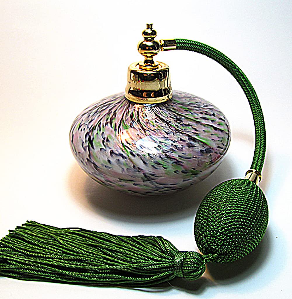 Alice-Aliya Perfume Atomizer Bottle in Crystal Glass and Perfume Cologne Refillable with Green Squeeze Bulb and Tassel Spray Mounting..