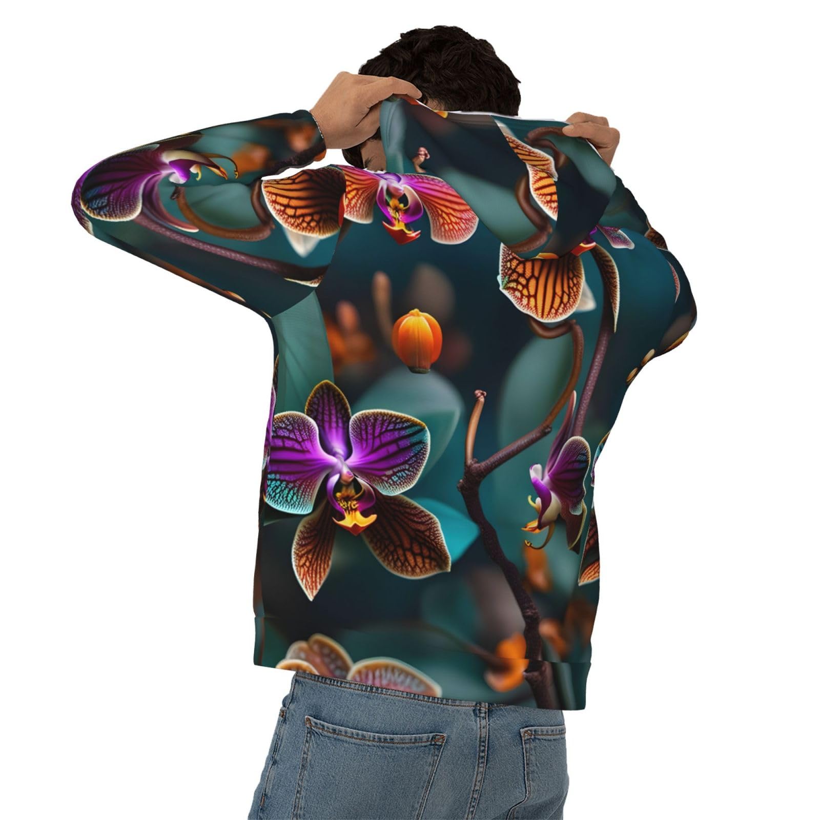 Męska bluza z kapturem z nadrukiem morskiej i pomarańczowej orchidei, casualowa grafika z nadrukiem bluzy z kapturem z kieszenią
