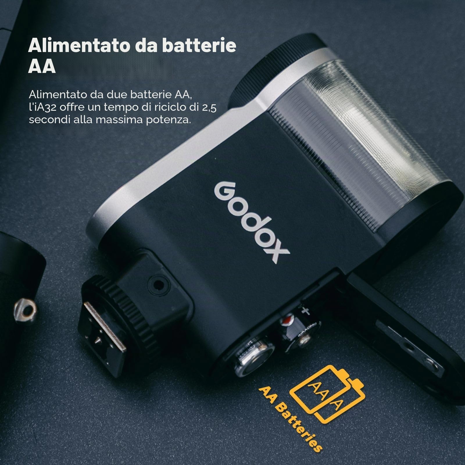 Godox iA32 Mini fotocamera Flash, angolo regolabile, GN15 con 8 livelli di potenza, CCT 6200K±200K, per Canon/Sony/Fuji/Nikon/Panasonic/Olympus, per fotocamere con hotshoe a contatto singolo