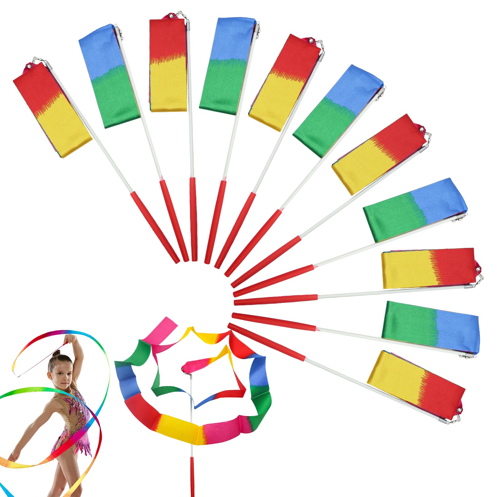 Nastri da Ballo 12 Pezzi, Nastro da Ginnastica Colorato, Bacchetta Ginnastica Ritmica, Dance Ribbons per Bambini 2m