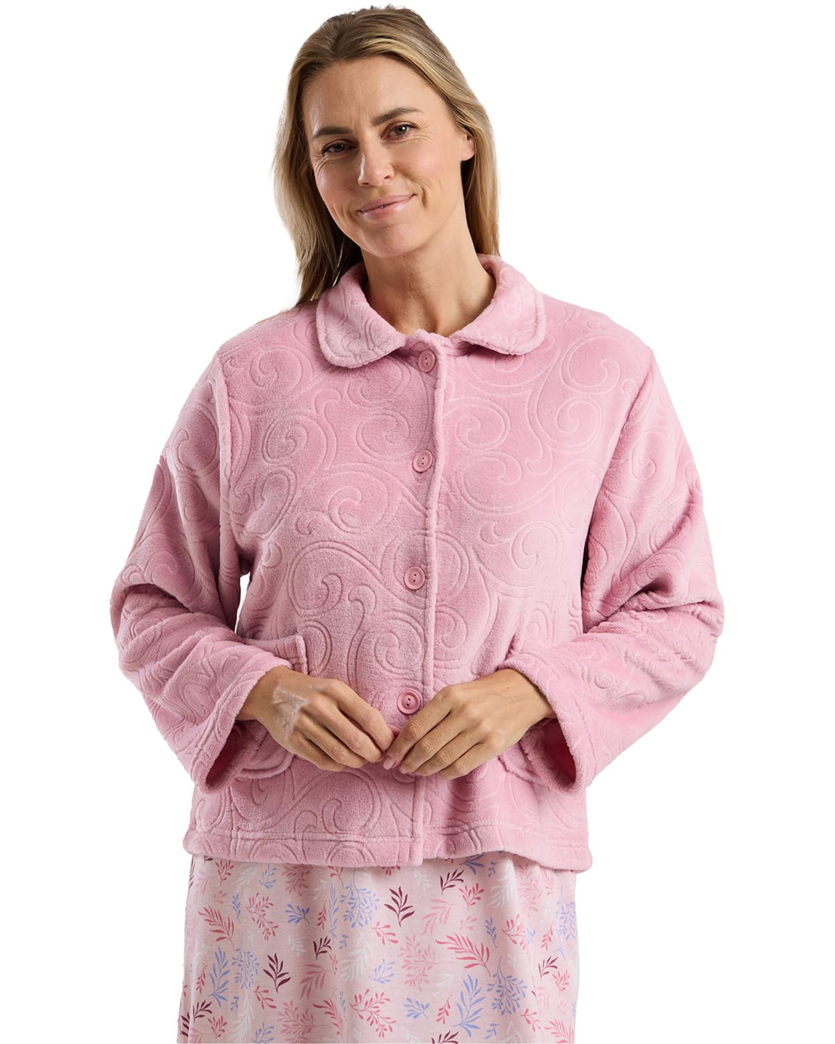 Slumber Hut Ladies Swirl Fleece Button Bedjacket MA45721 Rose Medium