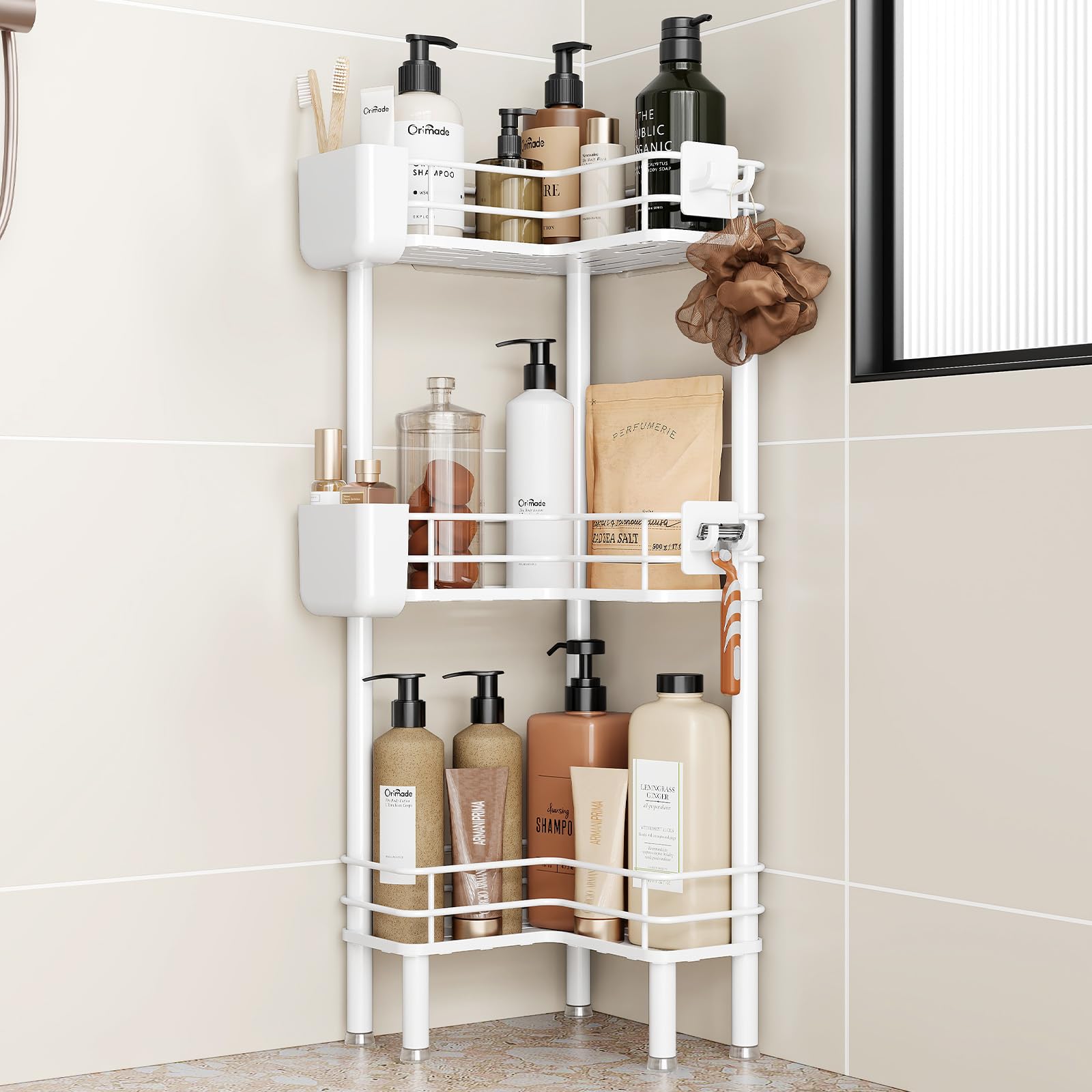 Photo 1 of Orimade Rustproof 3 Tier Floor Standing Corner Shower Caddy Organizer with Toothbrush Holder, Large Spacing Floor Shower Shelf Rack Storage Stands with Hooks for Bathroom Kitchen, White