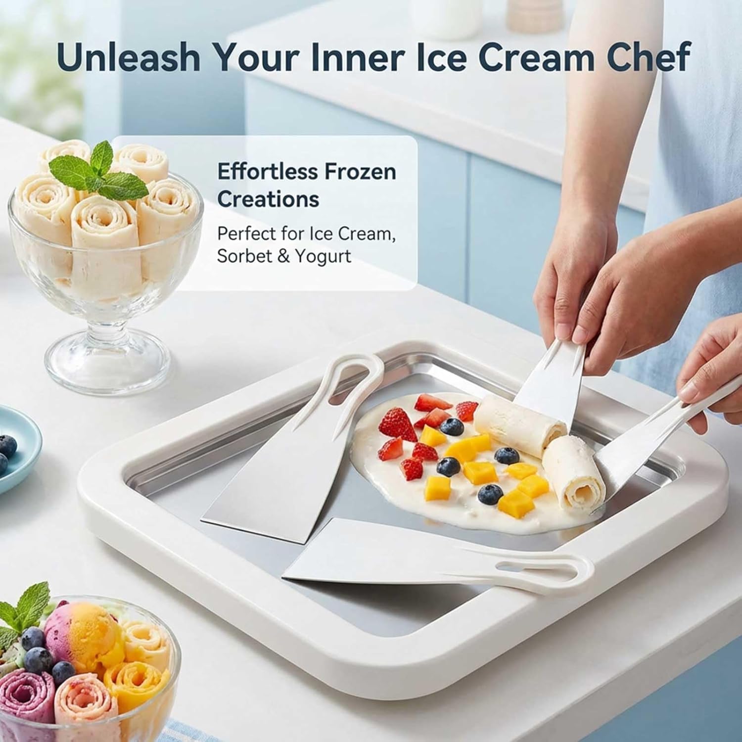 Rolled Ice Cream Maker Kit, DIY Ice Cream Roll Tray with 2 Scrapers, No Electricity Required, Stainless Steel Freezing Plate for Rolled Ice Cream, Frozen Yogurt, Sorbet (White)