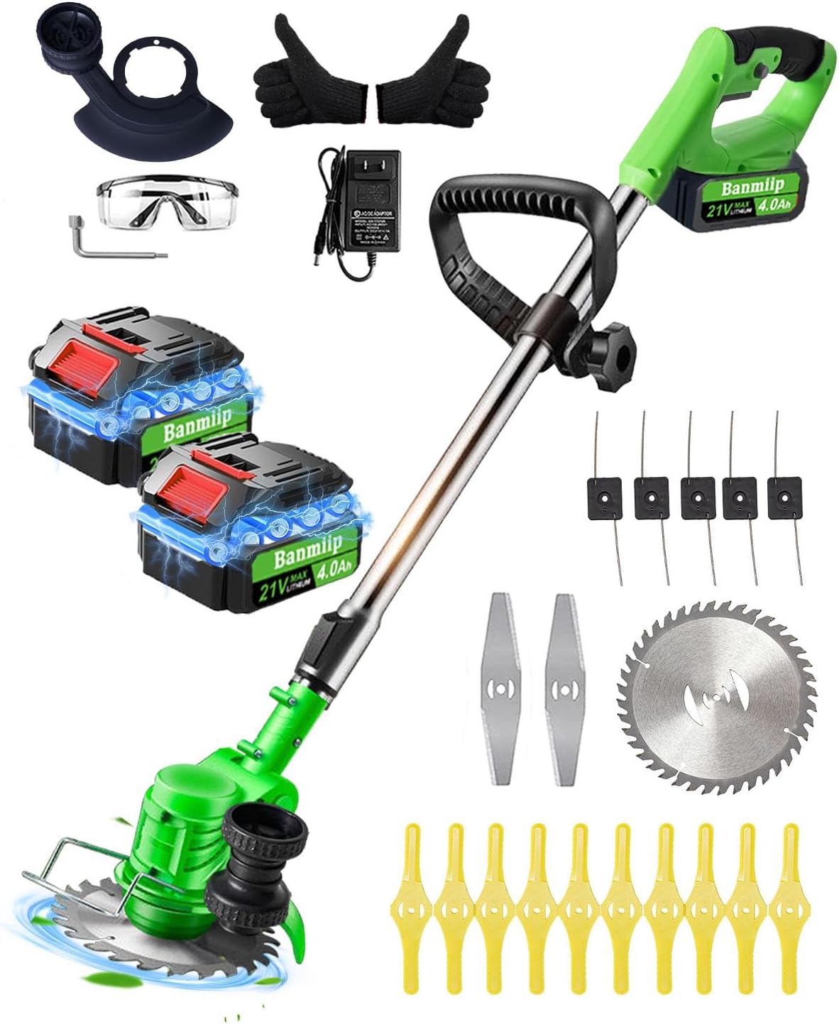 Weed Wacker Cordless Battery Powered, 4-in-1 Weed Trimmer/Lawn Edger with 4 Types Blades, Weed Electric Eater with 4.0Ah Battery*2, 21V Brush Cutter for Lawn Care and Yard Work