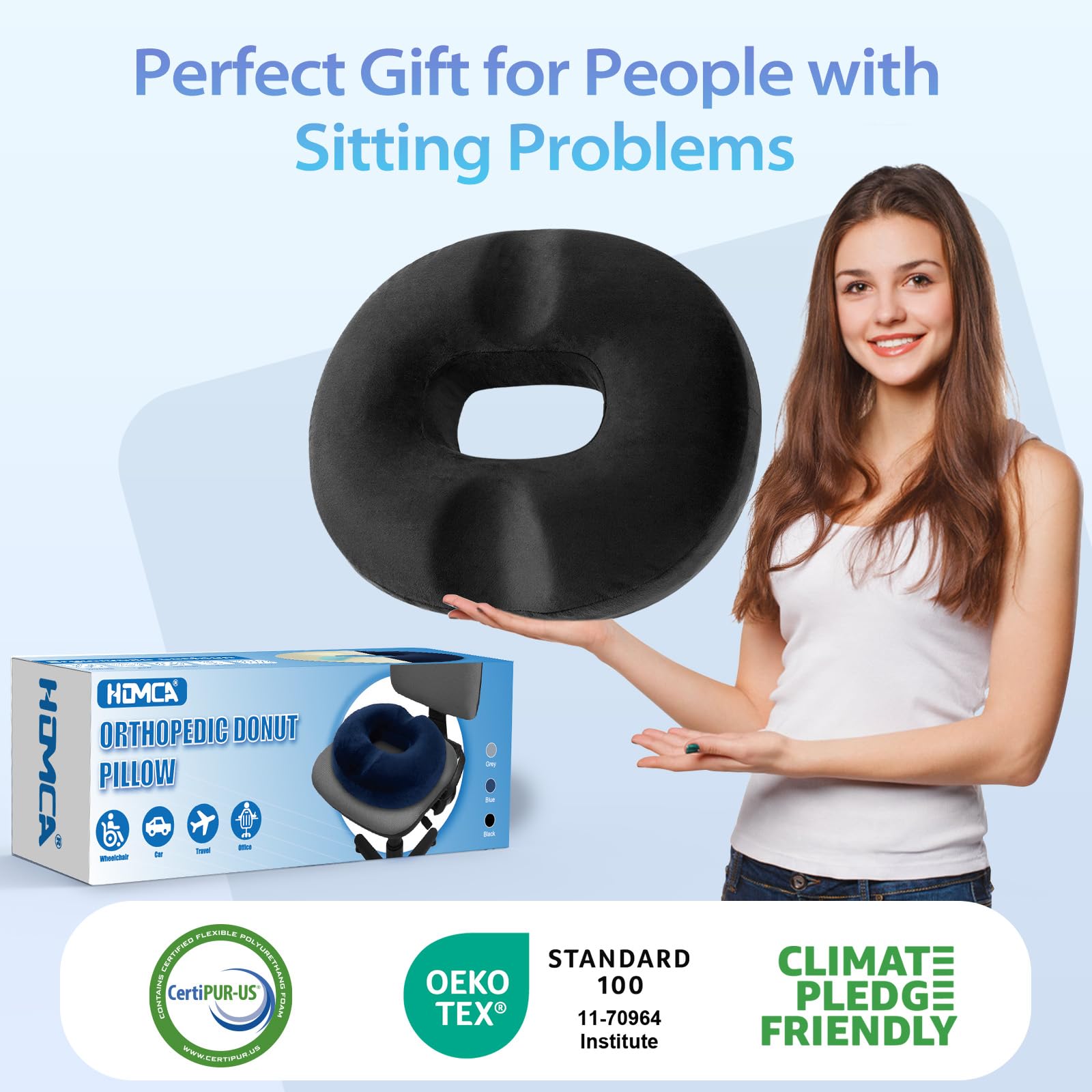 HOMCA Poduszka do siedzenia na hemoroidy, ortopedyczna, donut z pianki memory, ergonomiczna poduszka do siedzenia na wózkach inwalidzkich, samochody i krzesła biurowe, 45x40x9cm