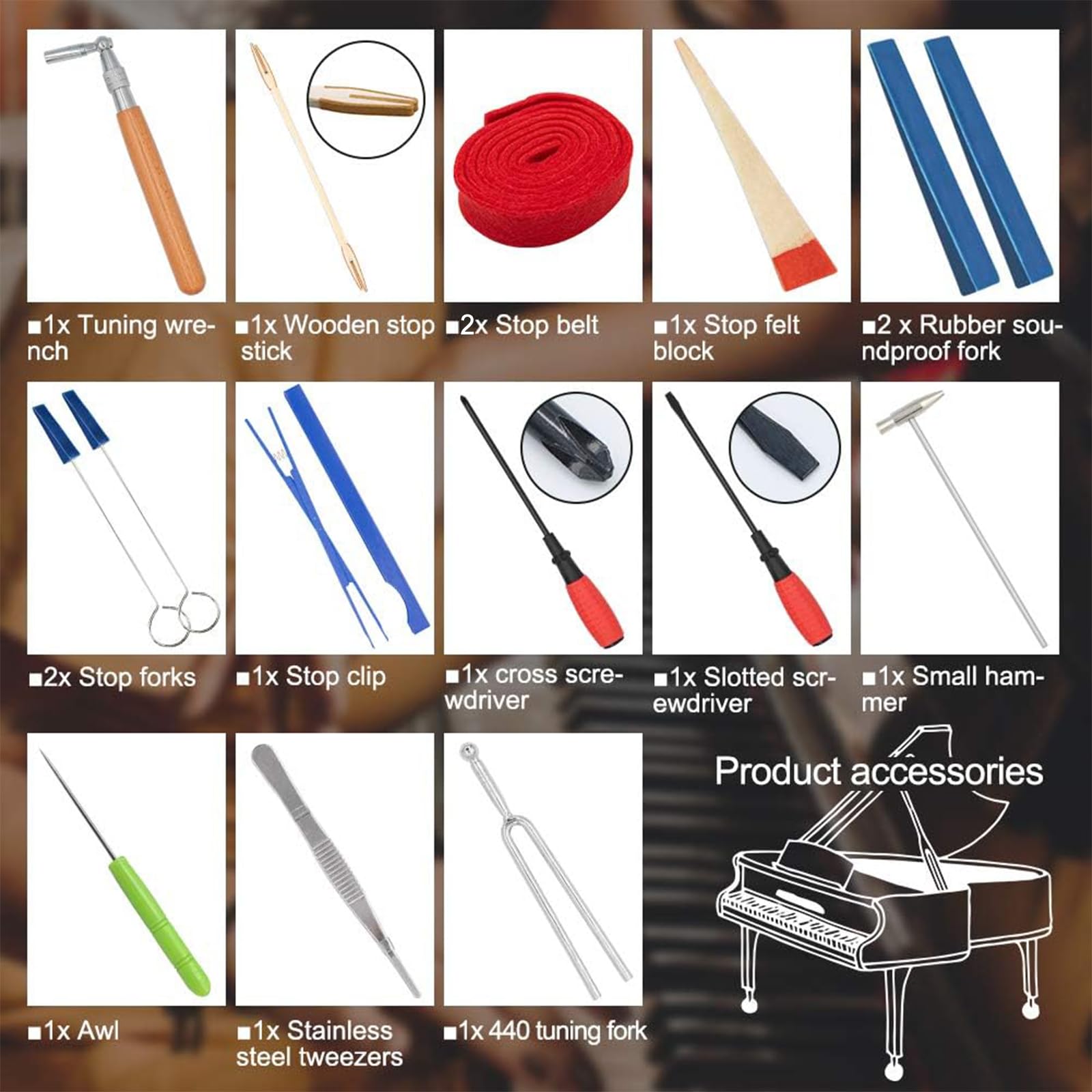 Kit de afinación de piano con funda, 18 piezas de llave de afinación de piano, martillo de goma, herramientas de palanca de afinación para principiantes