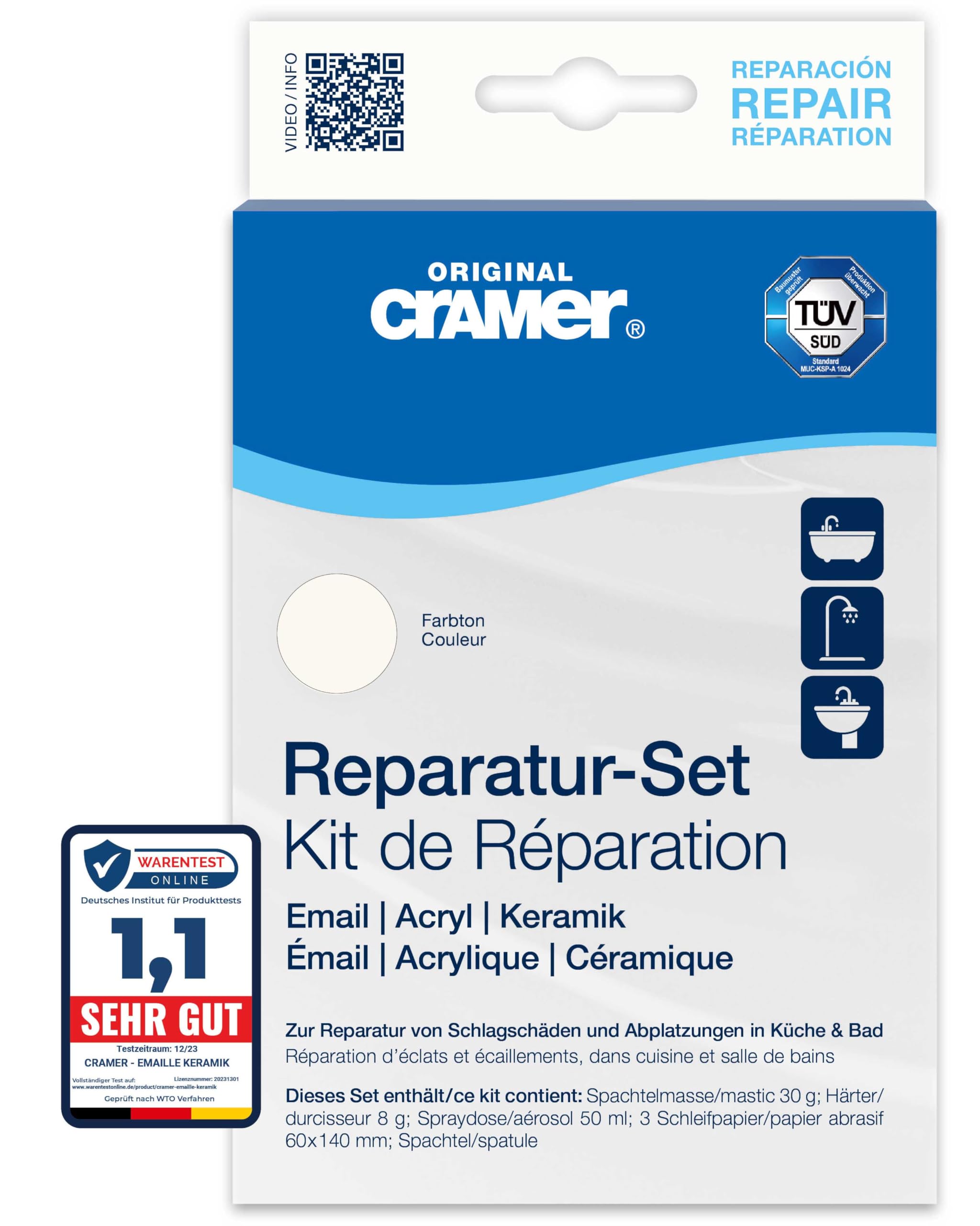 Cramer Reparatur Set weiss alpin - für Badewannen, Duschwannen & Waschbecken - professionelle Lösung zur Behebung von Schlagschäden und Abplatzungen auf Emaille, Keramik und Acryl
