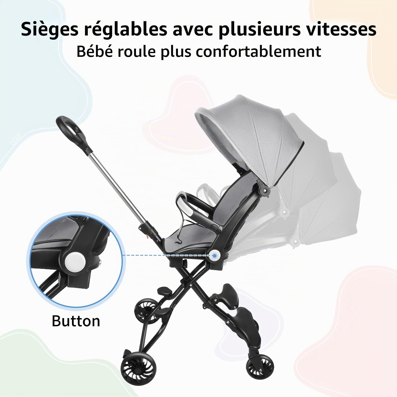 Poussette Canne Compacte, Position Allongée, Poussette Compacte, Inclinable d’une main, Grand panier de rangement (Gris - A)