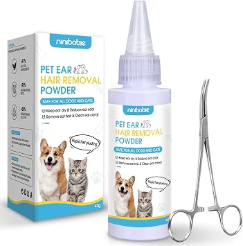 Dog Ear Powder Kit, 42g with Curved Ear Hair Grooming Tweezers | Powdered texture improves grip during grooming | Supports dry and fresh-feeling ears | For Poodles | Schnauzers | Shih Tzus