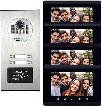 Upgrade Versions 4 Units Apartment Intercom System 7 inch Touch Monitor Video Door Phone Kits Support Ethernet Cable Connect, Single-Supply, ID Keyfobs Unlock for Home Apartment