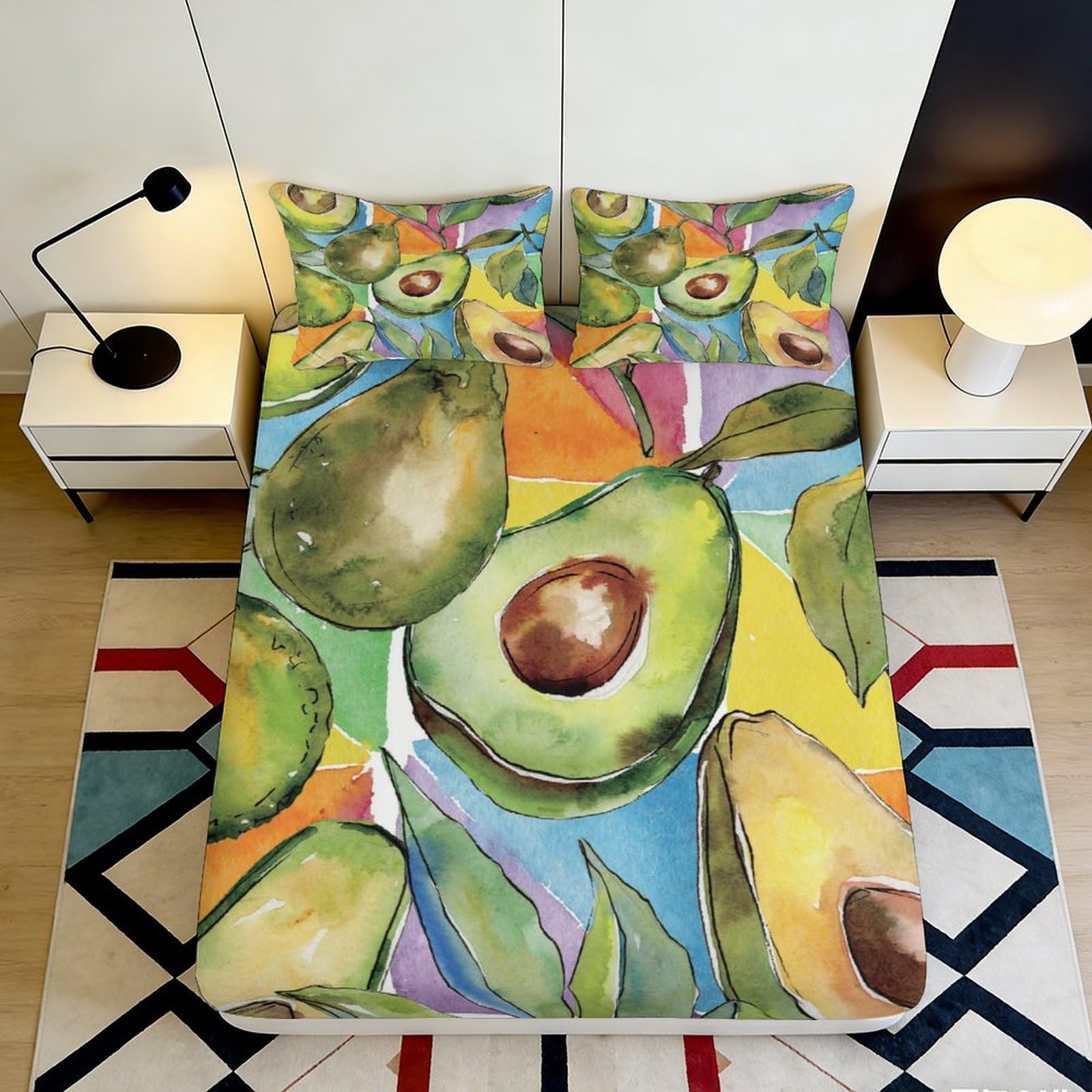 3D Printed Avocado Watercolor Fitted Sheet Microfiber Soft Durable Fruit Art Bed Cover for Bedroom Dorm Decor 160x200x25cm