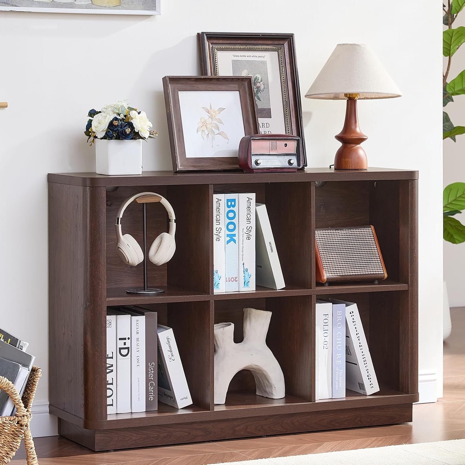 6 Cube Storage Bookcase, 40" Wide Low Horizontal Book Shelf with Curved Edge, Wood Floor Standing 2-Tier Bookshelf with Base, Farmhouse Short Book Case for Bedroom, Living Room, Office, Walnut Walnut 6 Cube (11.81"D x 40.5"W x 28.6"H)
