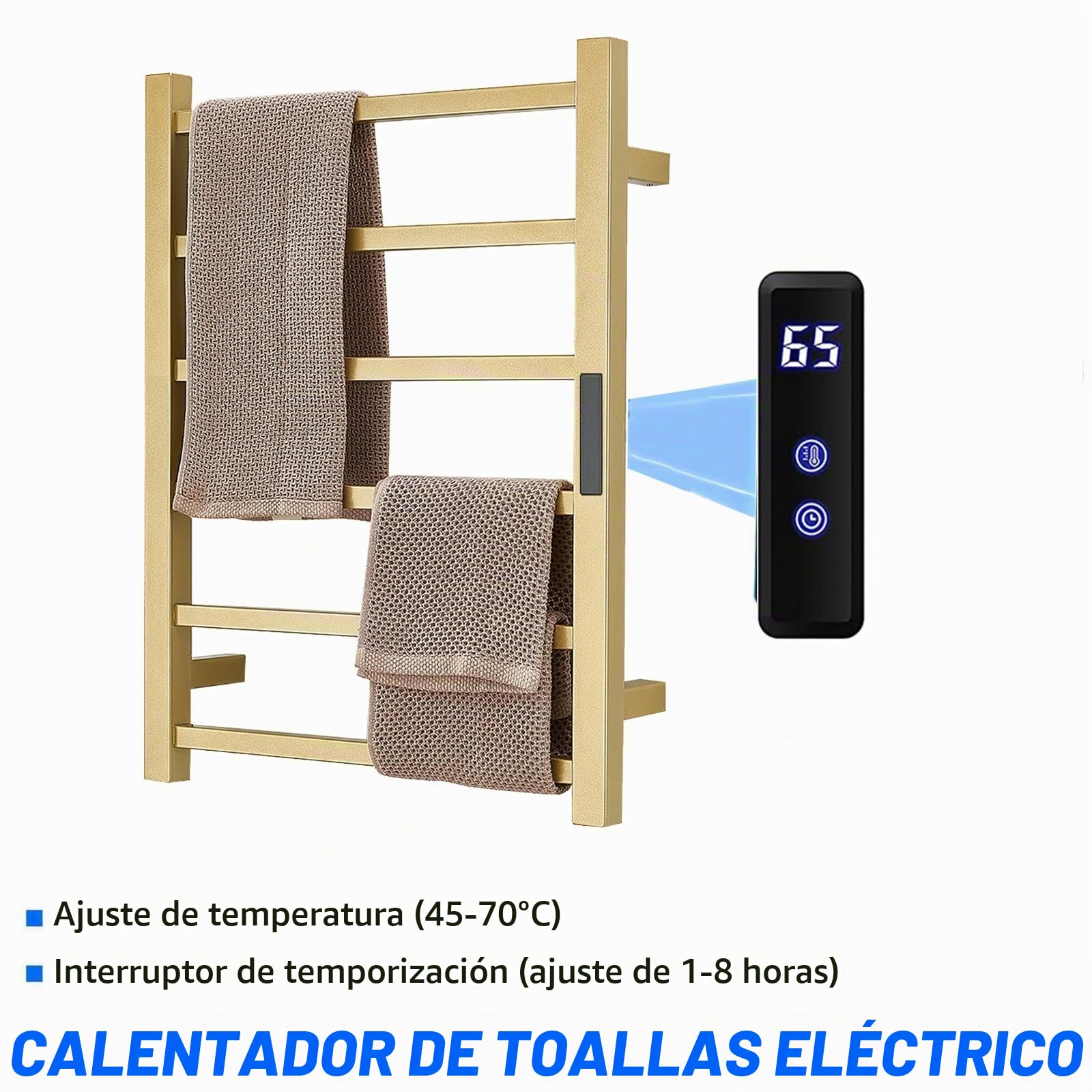 Toallero Eléctrico Dorado con Temporizador, Radiador Calentador De Toallas De 80 W para Baño, Secador De Toallas De Pared con 6 Barras, Toallero Calefactado De Acero Inoxidable 304,Plug in