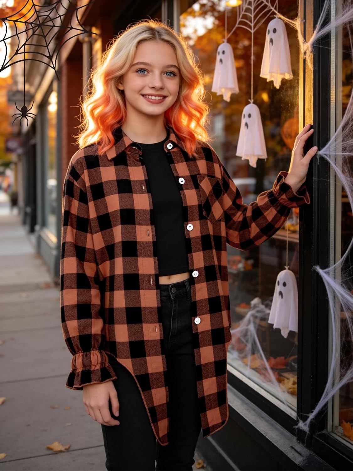 Girls Long Sleeve Flannel Plaid Shirt Casual Button Down Shirts Tie Front Collared Blouse Tops for 5-14 Years
