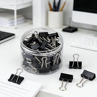 Binder Clips 60 Count Black, Desk Organizers Paper Clamps for Office Supplies, Strong Hold for Mixed Paper Stacks - Document Organizing, Filing, Bulletin Board and Home Use