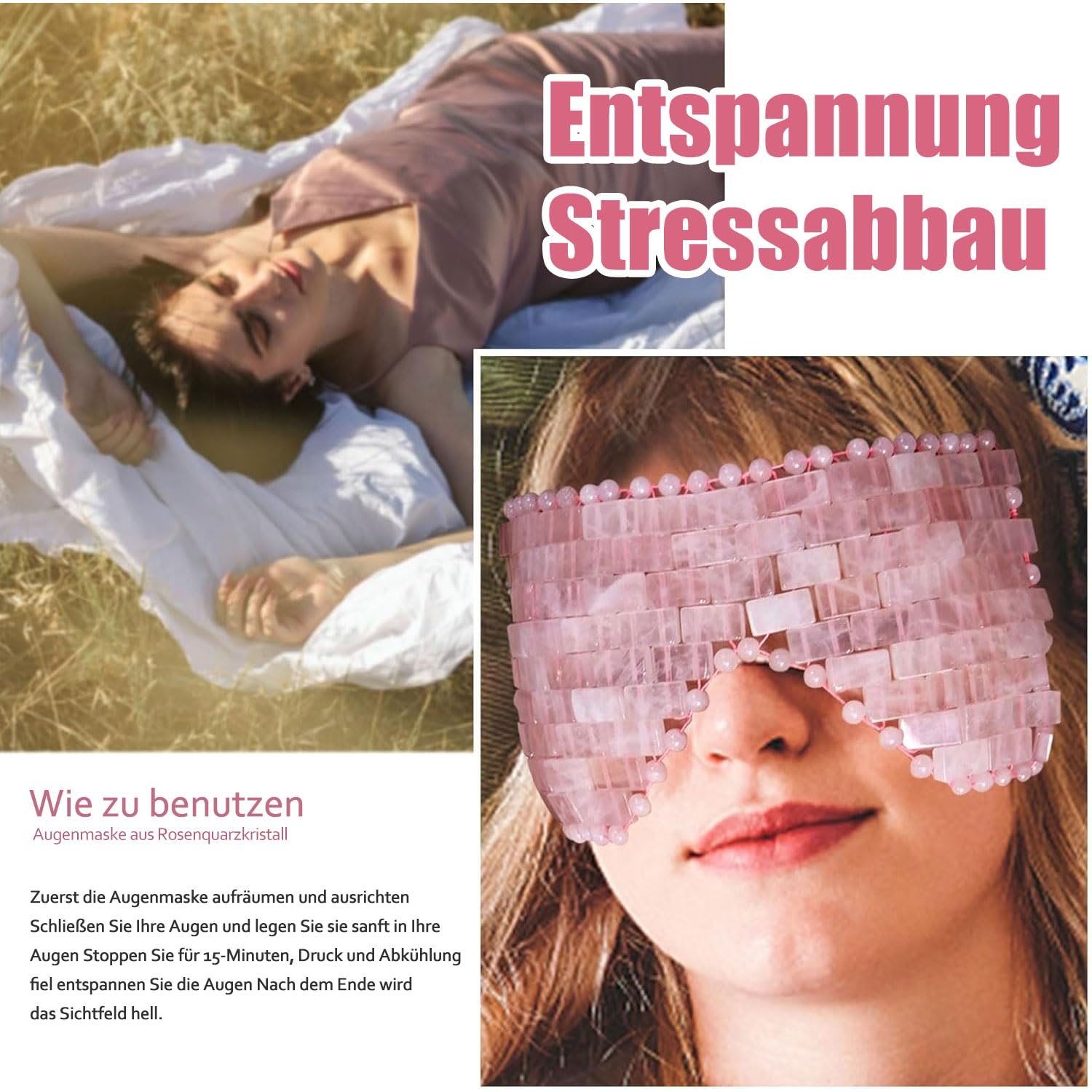gemshan Jade Augenmaske Rosenquarz Augenmaske, natürliche Rosenquarz Kristall Schlaf Augenmaske, Beseitigen Falten Schwellungen Kopfschmerzen und Migräne Linderung Maske