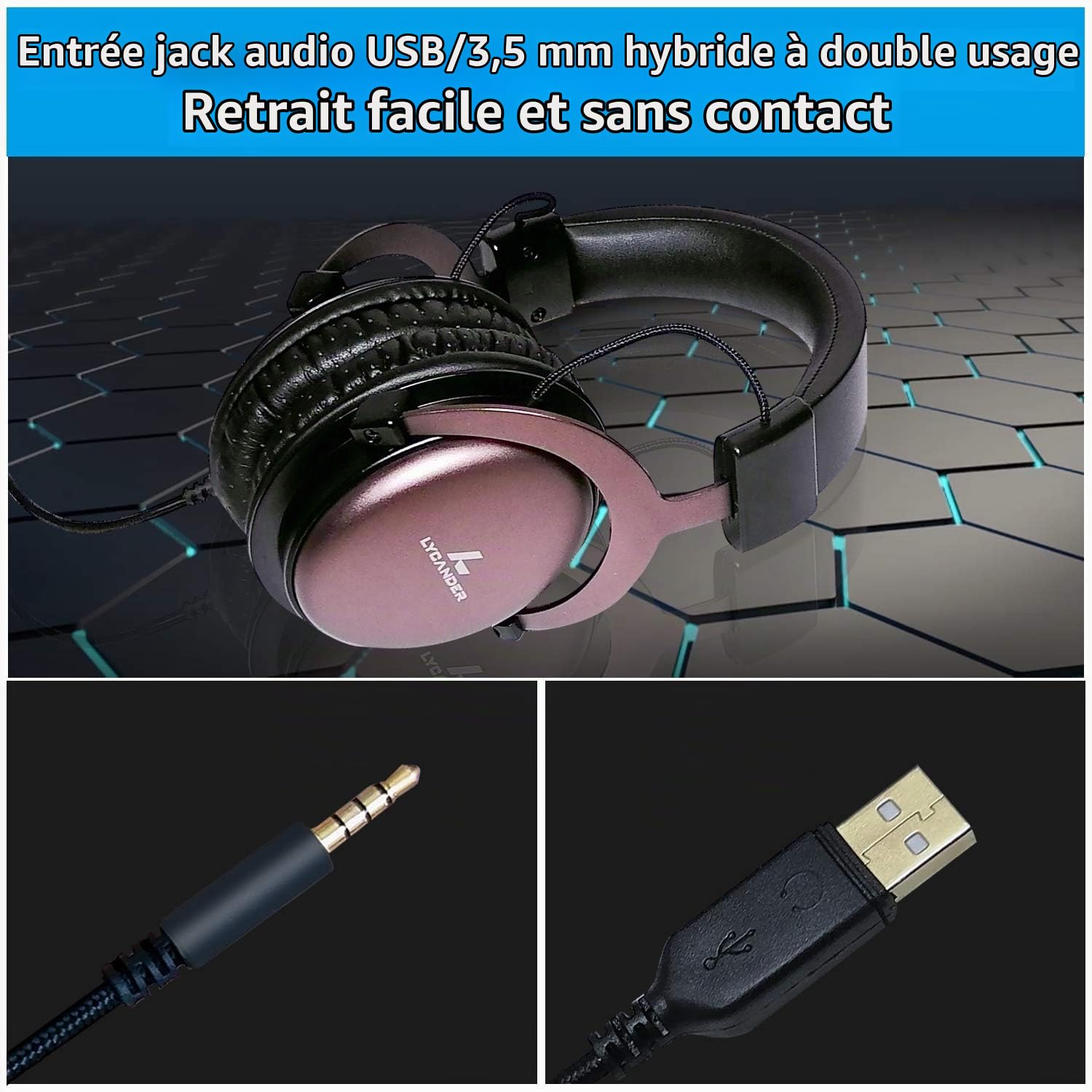 LYCANDER Casque USB avec Microphone Amovible, Prise Audio Hybride 3,5 mm et entrée USB, Construction en Métal Robuste, Convient pour les Appels de Conférence, la Musique, les Films et les Jeux