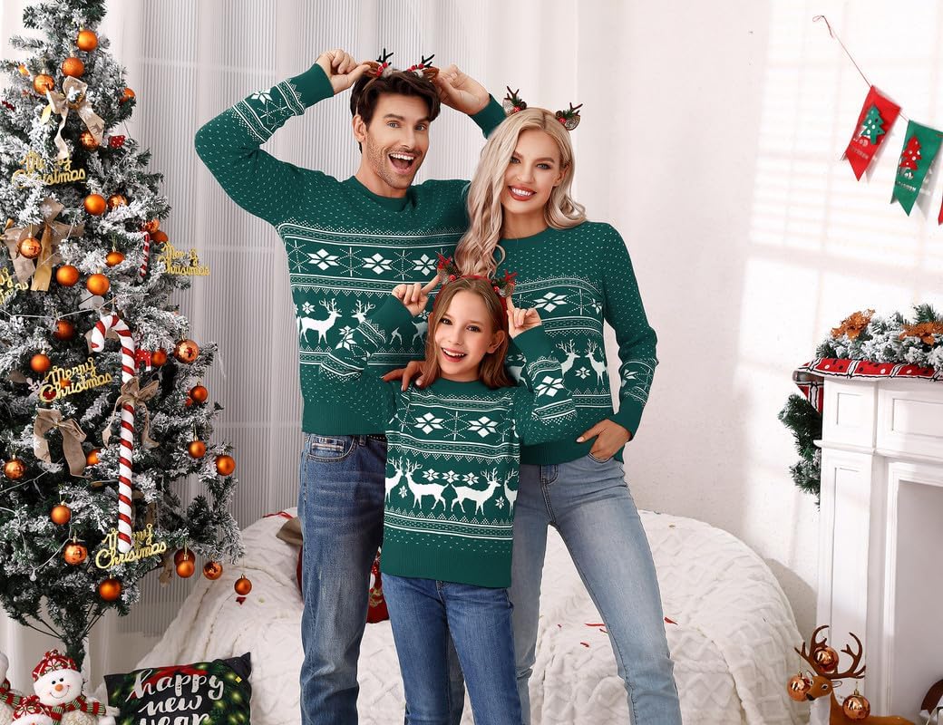 Family Matching Christmas Sweater Reindeer Snowflakes Knitted Ugly Crew Neck Pullover for Women/Men/Kids