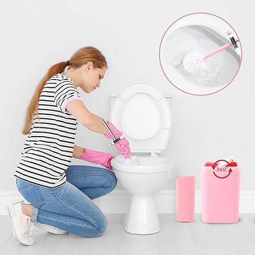 Miniatura 3 de Juego de accesorios de baño rosa, de plástico, con bandeja, dispensador de jabón, portacepillos de dientes, vaso, jabonera, cepillo para inodoro,