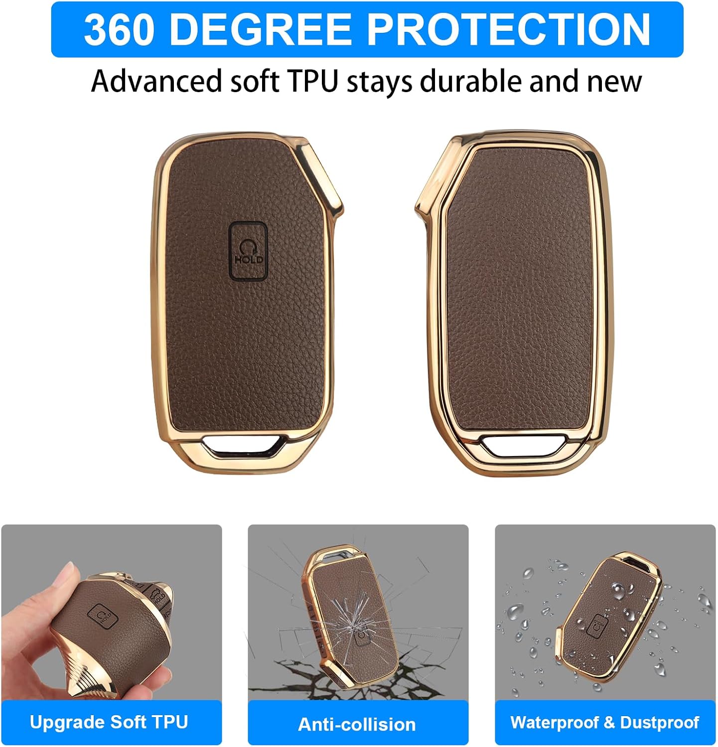 QBUC for KIA K5 Key Fob Cover, Upper Leather + Soft TPU Car Key Case Shell for Kia K5 gt Sportage Forte Soul Seltos Telluride NIRO Sorento with key chain 5-Buttons key Protector Accessories (Brown)