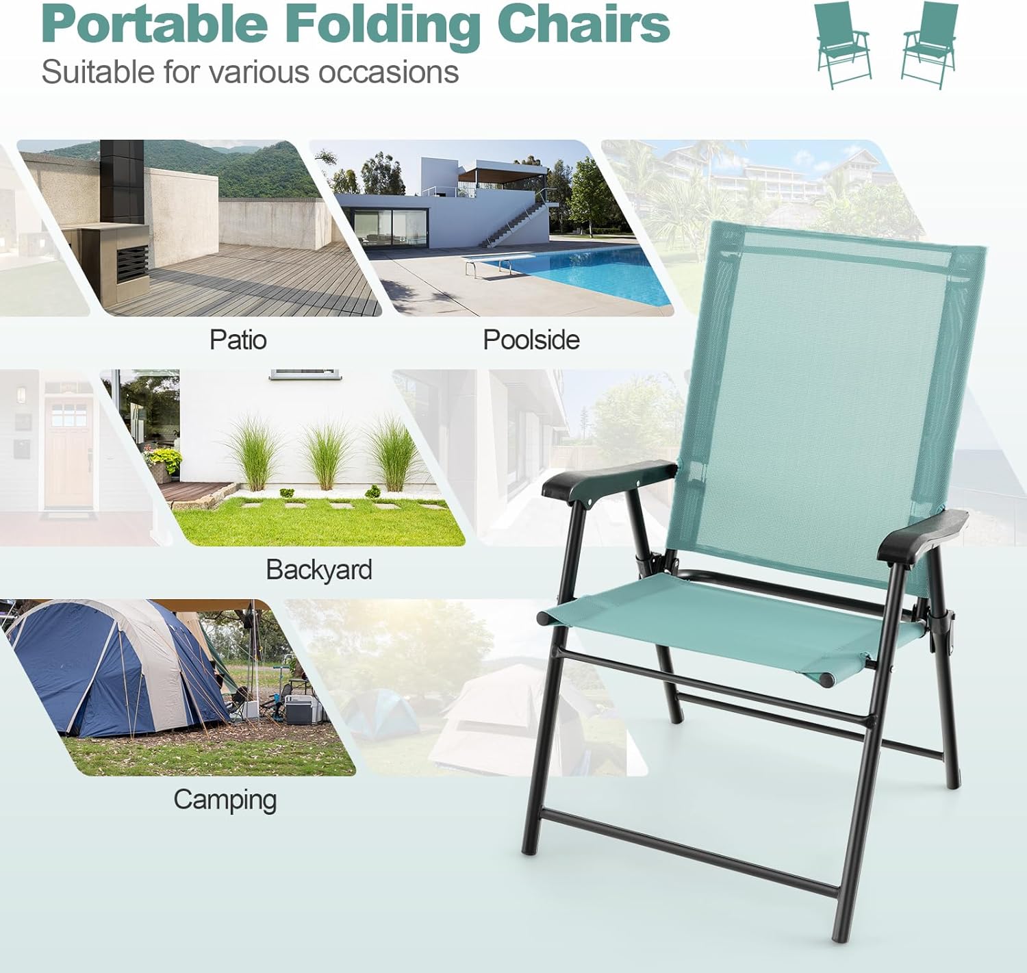 Tangkula Patio Folding Chairs Set of 4, Outdoor Sling Chairs with Breathable Fabric Back & Seat, Portable Dining Camping Chairs for Poolside, Yard, Garden, Deck, Lawn, Beach (Mint Green)