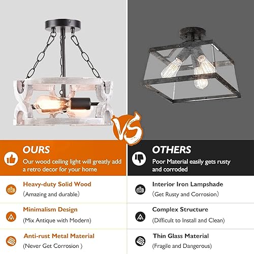 Miniatura 5 de DarkHome Lámpara de techo de montaje semirempotrado, lámpara de araña rústica vintage de madera negra mate de metal, 2 luces E26 para pasillo,