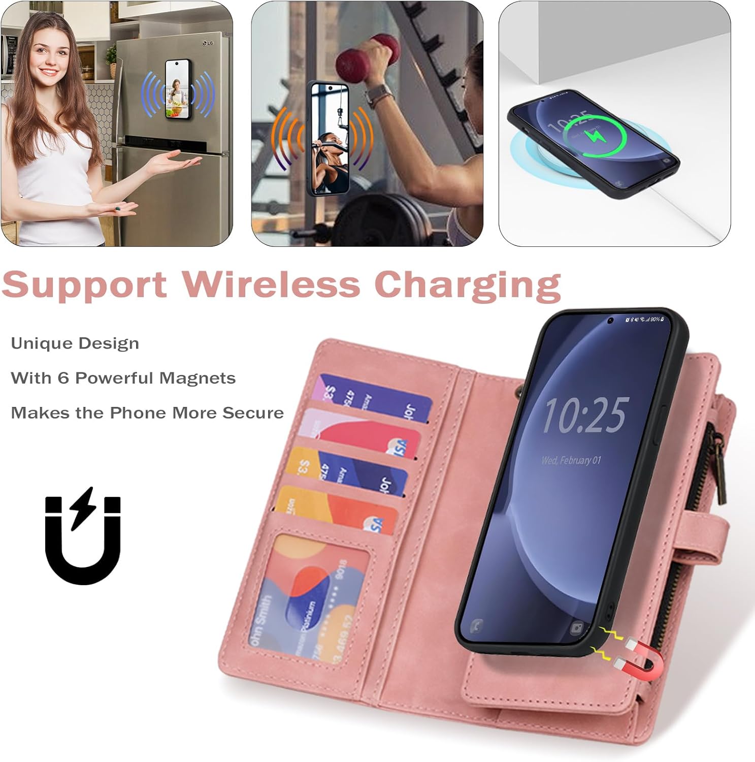 TwoHead for Samsung Galaxy S25 Wallet Case with Card Holder, Detachable Magnetic Phone Case for S25,PU Leather All-Round Protective Phone Case Wallet with Wrist Strap(6.2 in,Pink)