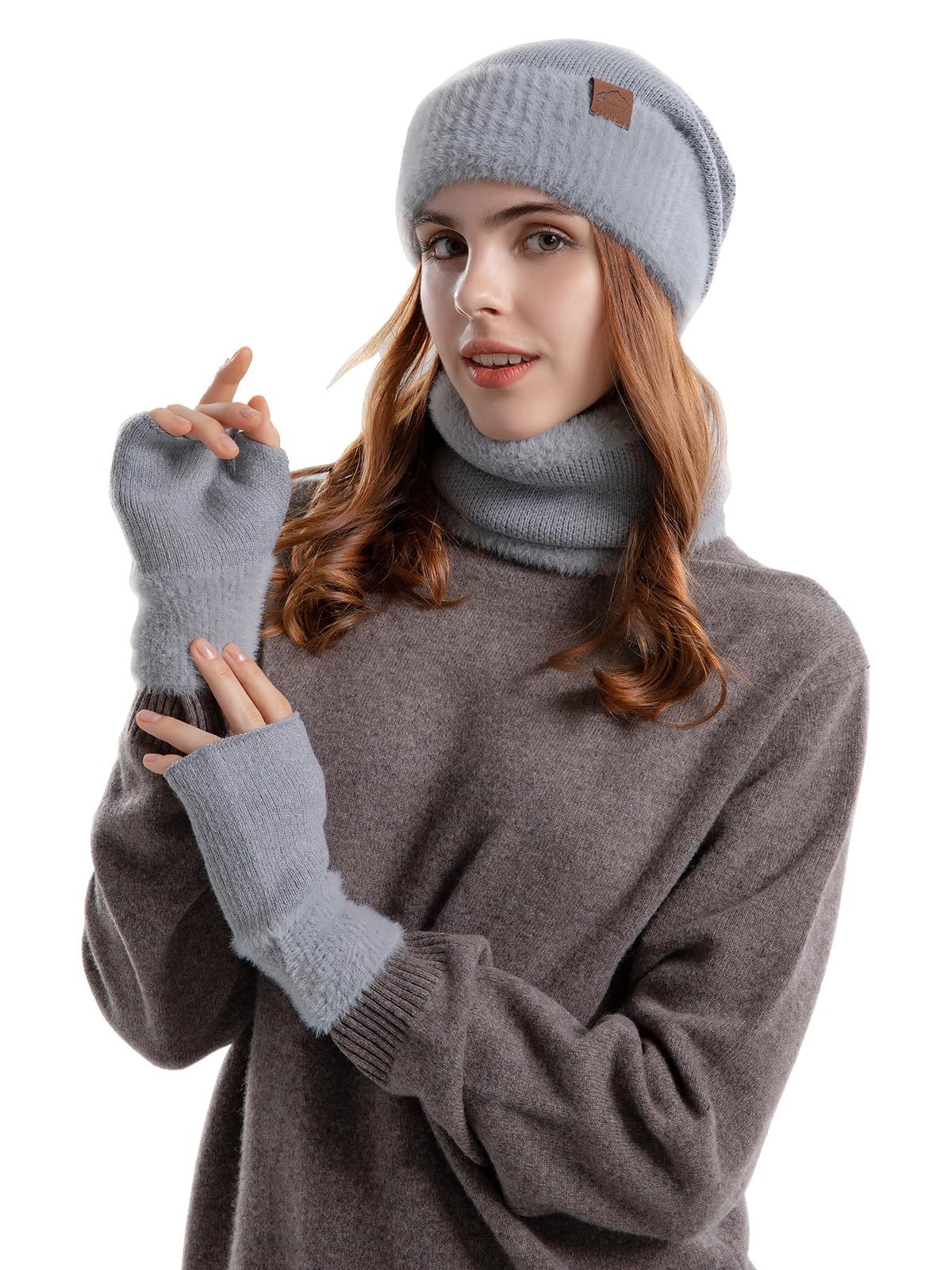 Zestaw czapek i szalików dla kobiet z podszewką polarową, czapka, szalik i rękawiczki, zestaw damski, 3 w 1, termiczna dzianinowa czapka beanie, ocieplacz na szyję, rękawiczki bez palców, dla