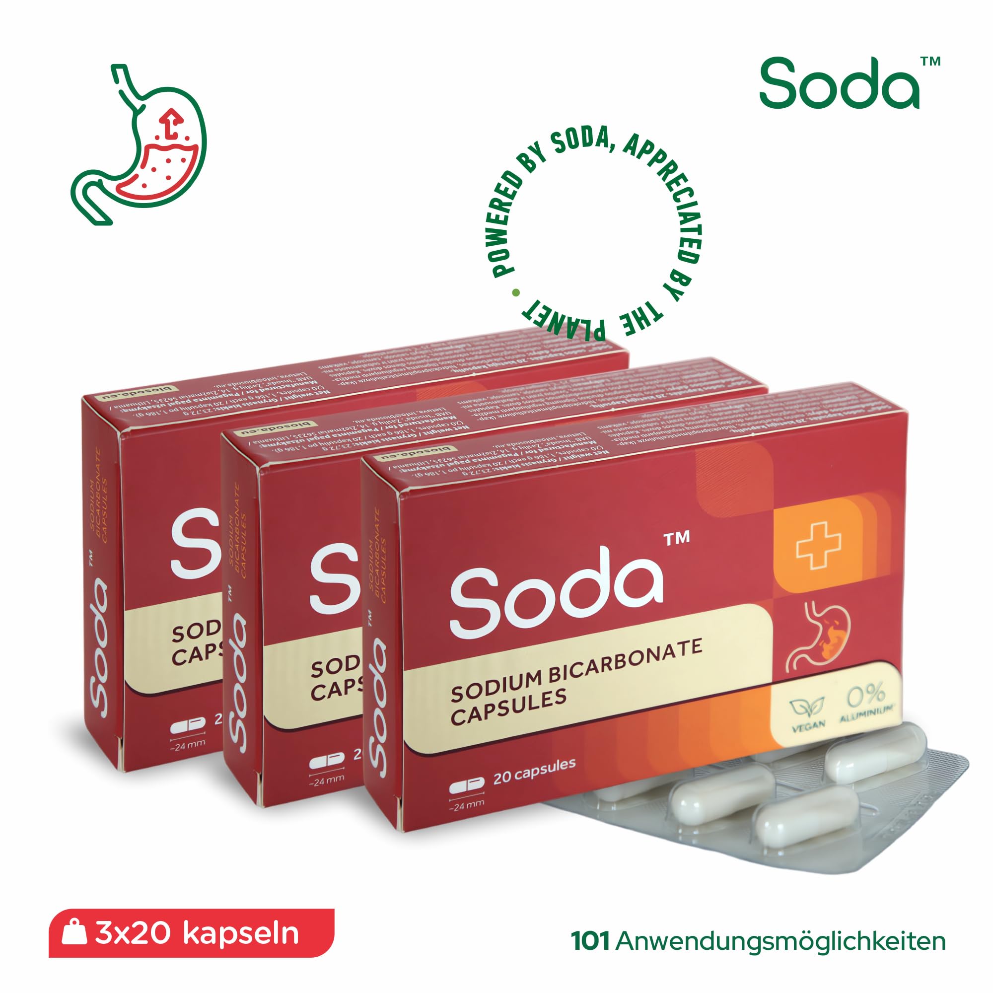 Natriumbicarbonat-Kapseln - 60 Kapseln (3 Packungen 20 Kapseln) - Körper pH-Balance, Magenprobleme, umweltfreundlich, tierfreundlich, Schönheitsprodukt, vegan. Von Soda™