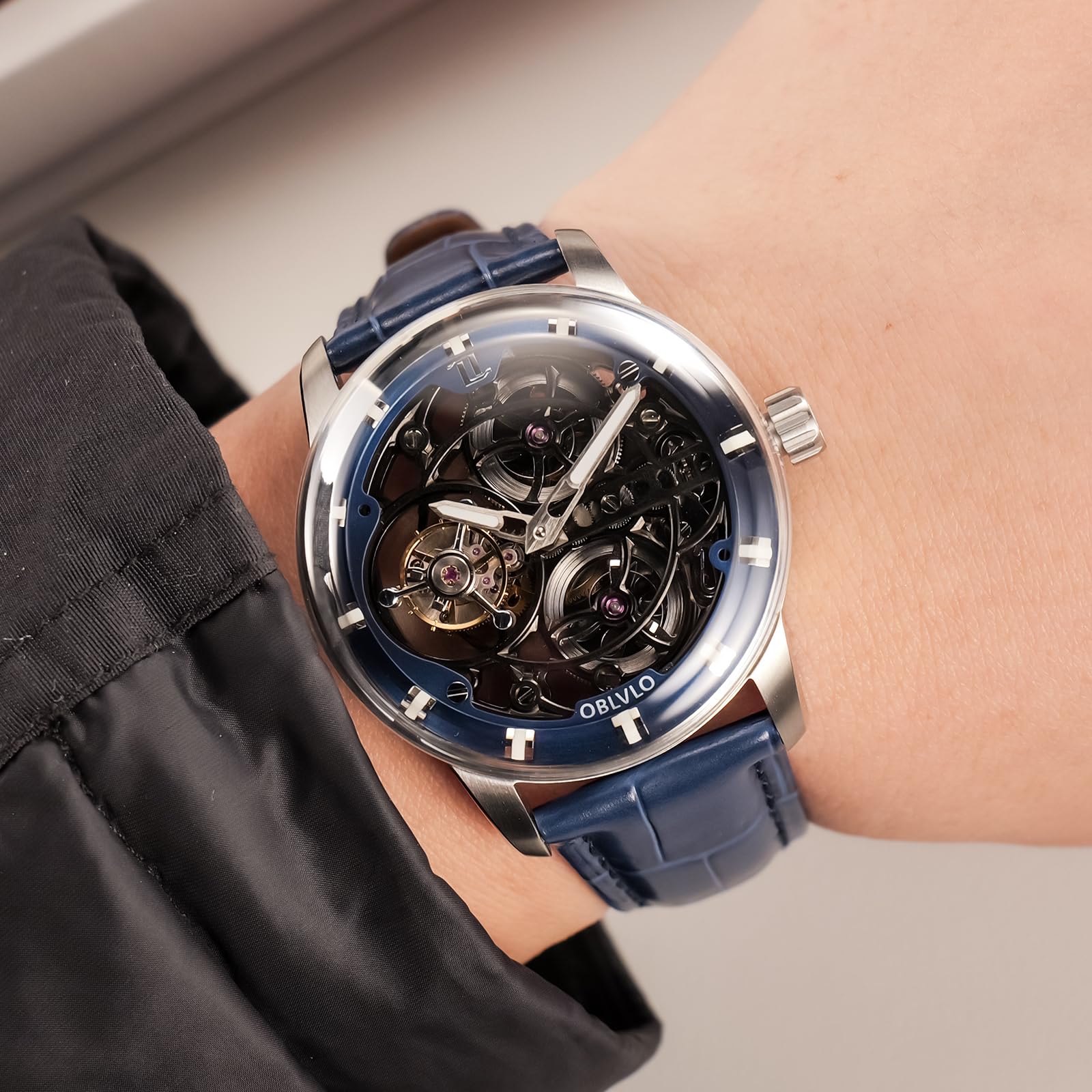 OBLVLO Top-Marke, luxuriös, hohl, wasserdicht, mechanische Herrenuhr, echtes Leder, Saphirglas, Tourbillon, Handaufzug, IM-SK-B-TB