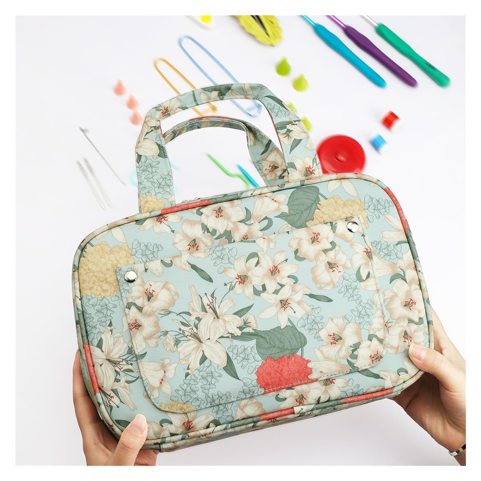 Handarbeitstasche Leere Strickset-Hülle, Organizer-Tasche, tragbare grüne Tasche mit Blumen-Stricknadel-Aufbewahrungstasche for Nähzubehör