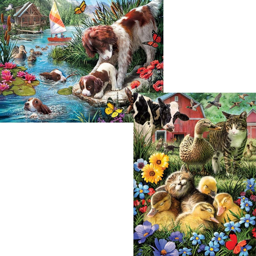 Bits and Pieces – Value Set of Two 500 Piece Jigsaw Puzzles for Adults – Cat Nap, Puppy Swimming Jigsaw Puzzles by Artist Larry Jones, Completed Puzzle Size: 18" x 24"