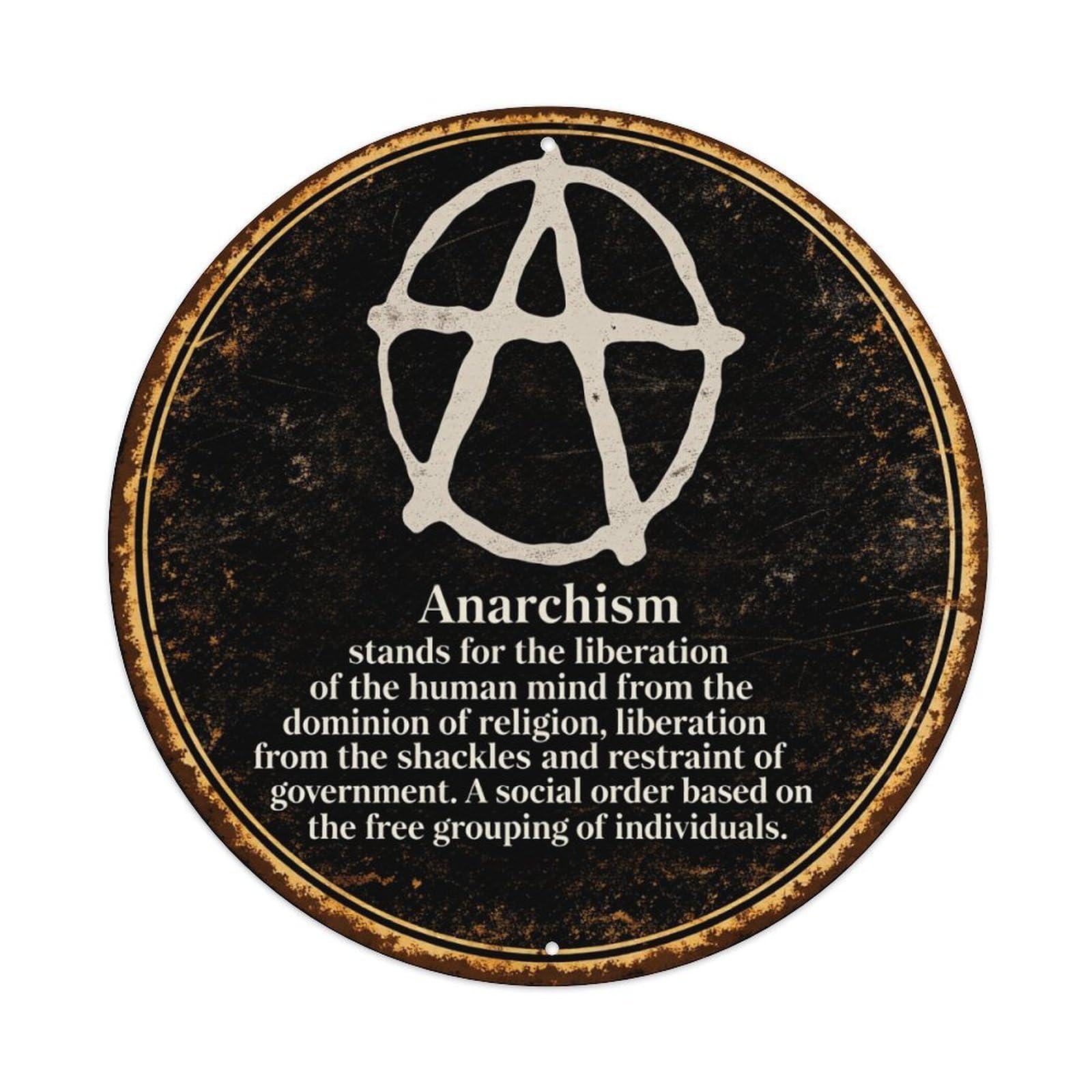 Anarchist Symbol With Text Description Round Tin Sign Vintage Metal Poster, Home Bar Garage Man Cave Cafe Indoor & Outdoor Wall Decoration 8x8Inches